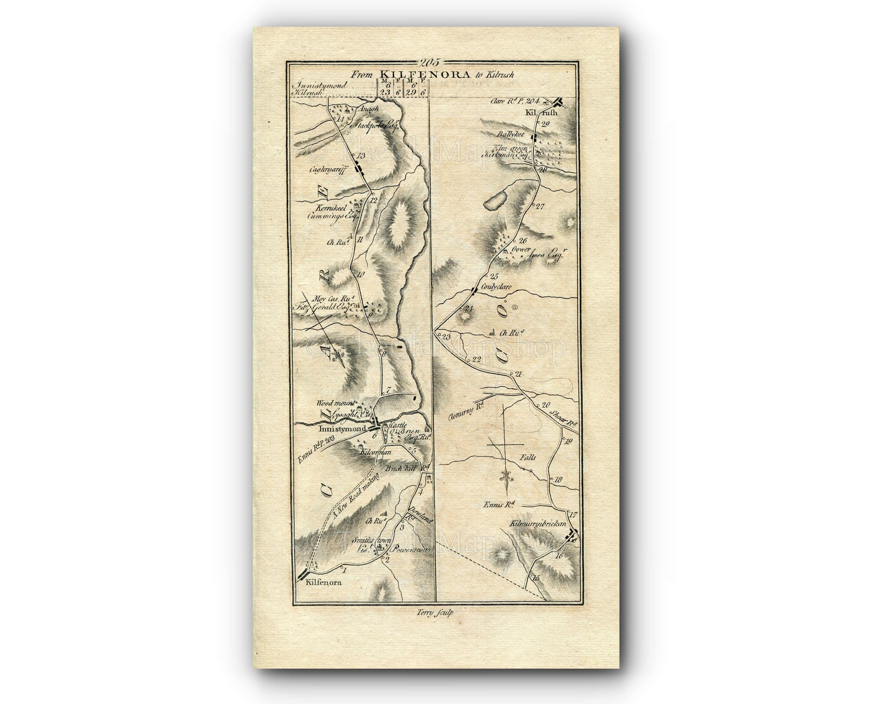 1778 Taylor & Skinner Antique Ireland Road Map 205/206 Kilfenora Ennistimon Kilmurry Ibrickane Kilrush Portumna Lisdurra Marblehill Gort