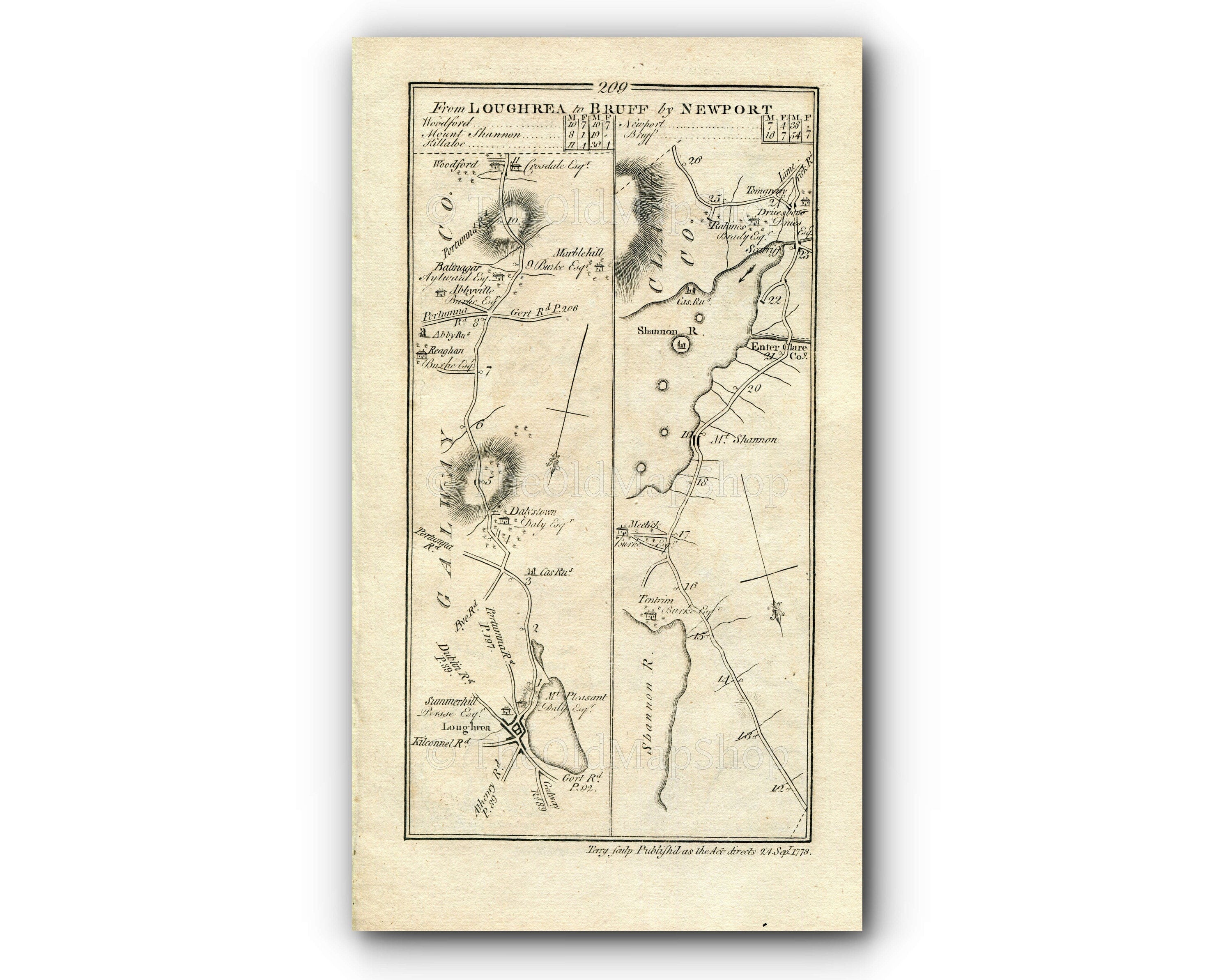 1778 Taylor & Skinner Antique Ireland Road Map 209/210 Loughrea Mountshannon Scarriff Tingaree Killaloe Newport Abington Ballybrood Bruff