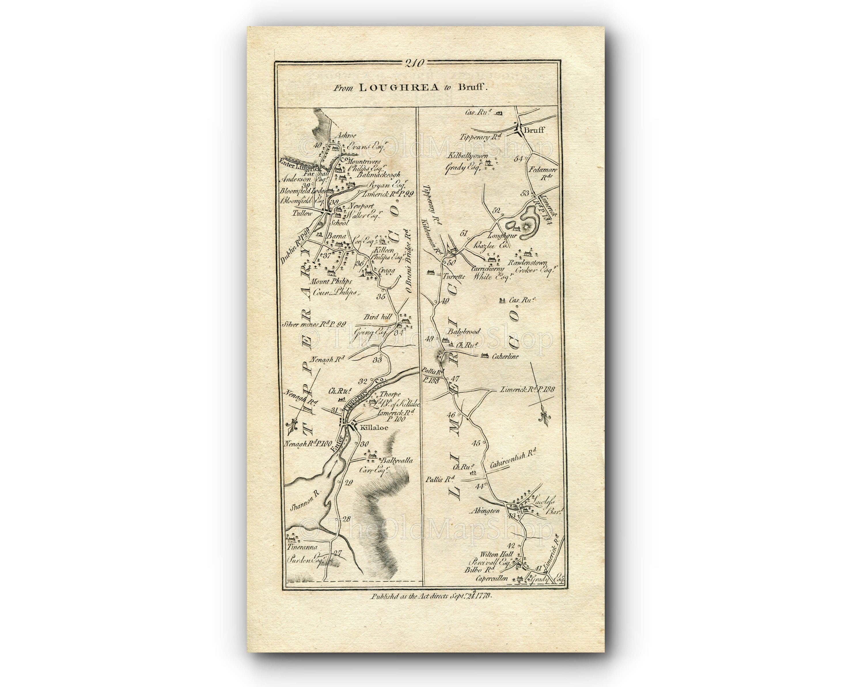 1778 Taylor & Skinner Antique Ireland Road Map 209/210 Loughrea Mountshannon Scarriff Tingaree Killaloe Newport Abington Ballybrood Bruff