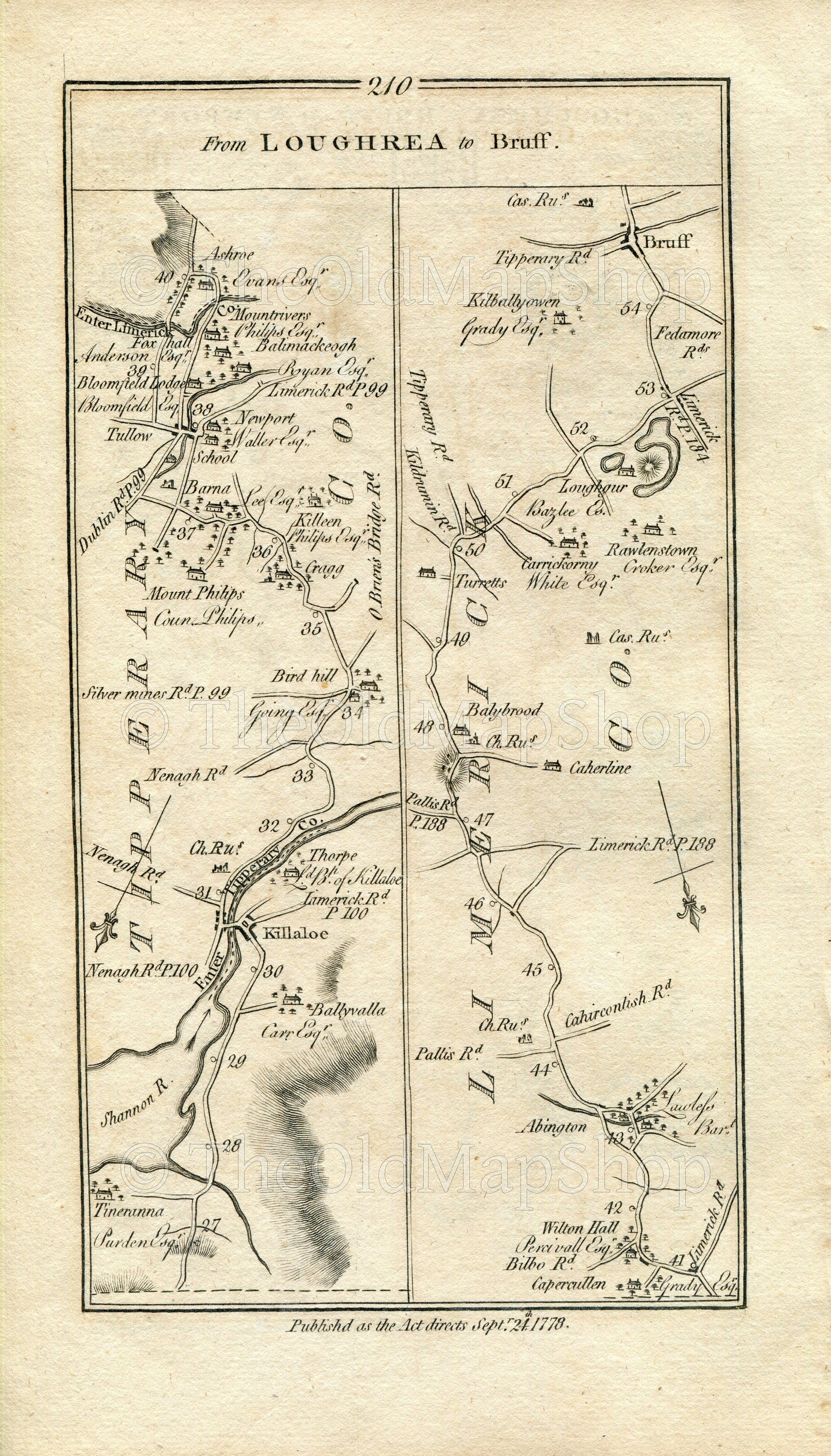1778 Taylor & Skinner Antique Ireland Road Map 209/210 Loughrea Mountshannon Scarriff Tingaree Killaloe Newport Abington Ballybrood Bruff
