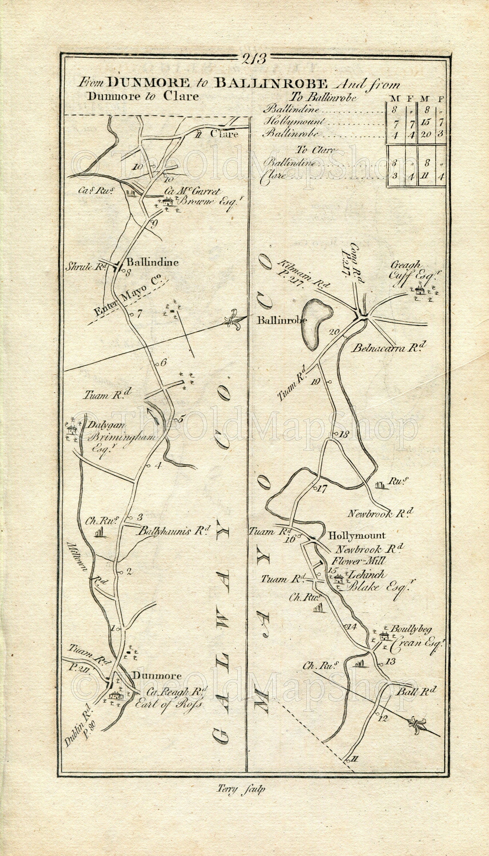 1778 Taylor & Skinner Antique Ireland Road Map 213/214 Dunmore Ballindine Hollymount Ballinrobe Tuam Brookhill Claremorris Castlegrove Eden