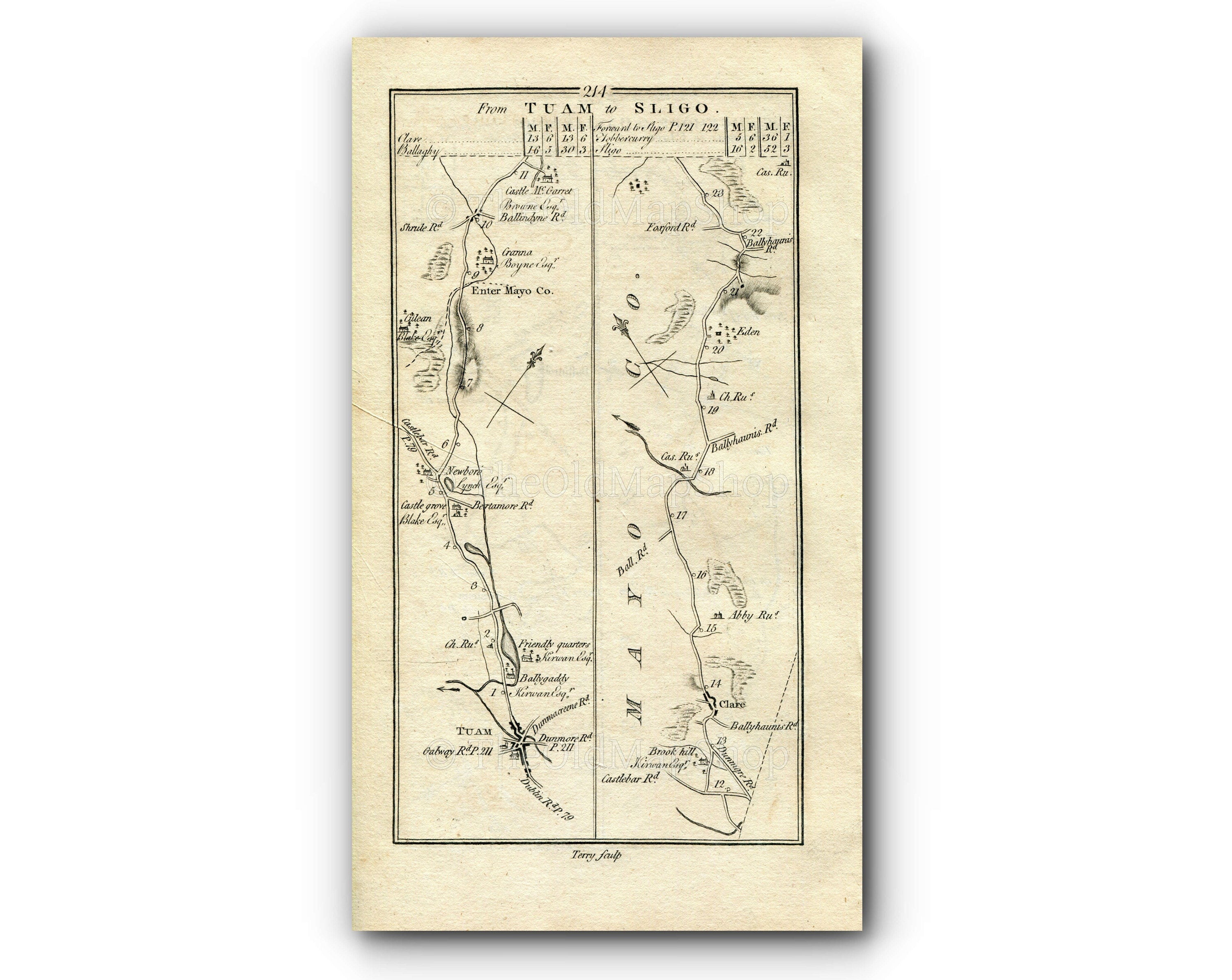 1778 Taylor & Skinner Antique Ireland Road Map 213/214 Dunmore Ballindine Hollymount Ballinrobe Tuam Brookhill Claremorris Castlegrove Eden