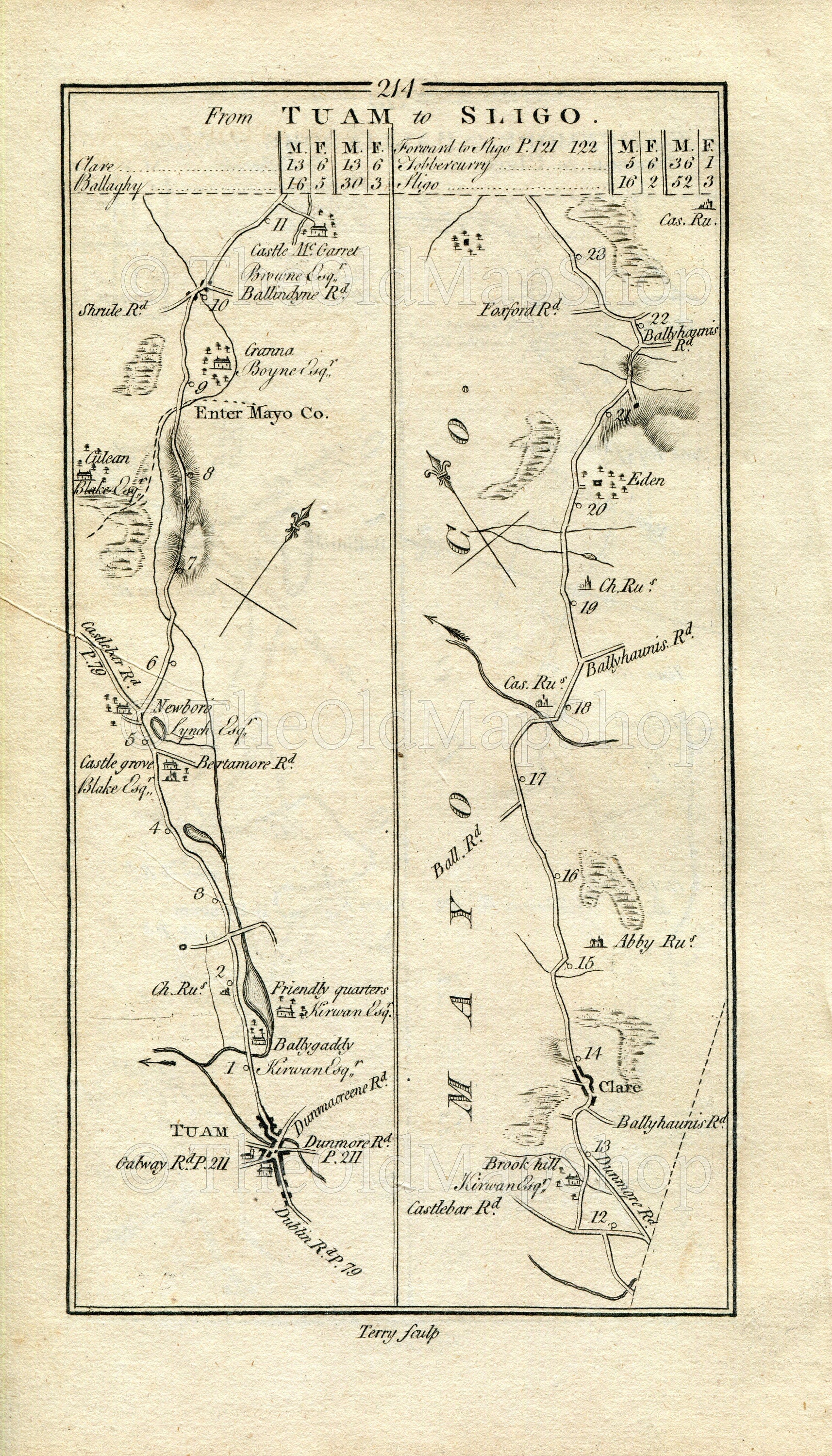 1778 Taylor & Skinner Antique Ireland Road Map 213/214 Dunmore Ballindine Hollymount Ballinrobe Tuam Brookhill Claremorris Castlegrove Eden