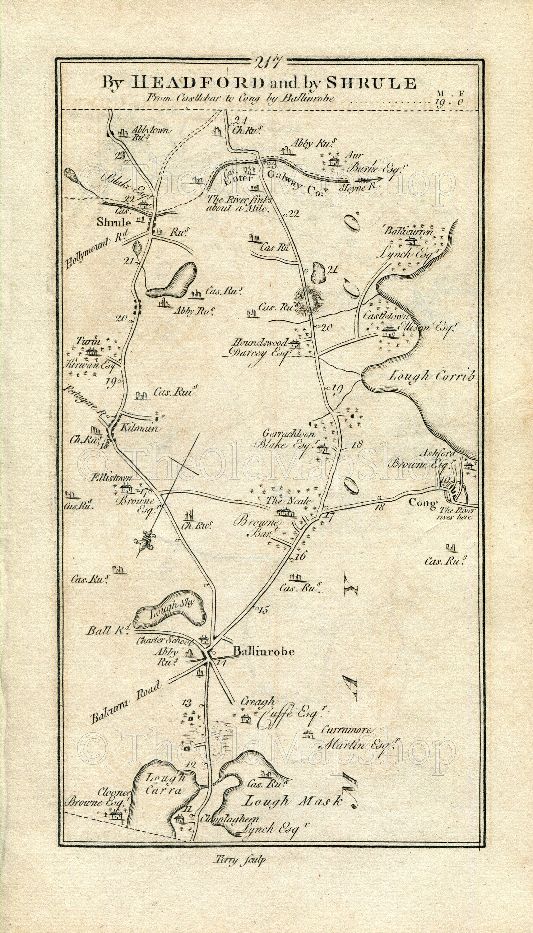 1778 Taylor & Skinner Antique Ireland Road Map 217/218 Ballinrobe Kilmaine Shrule Cong Ballycurrin Headford Drumgriftin Claregalway Galway