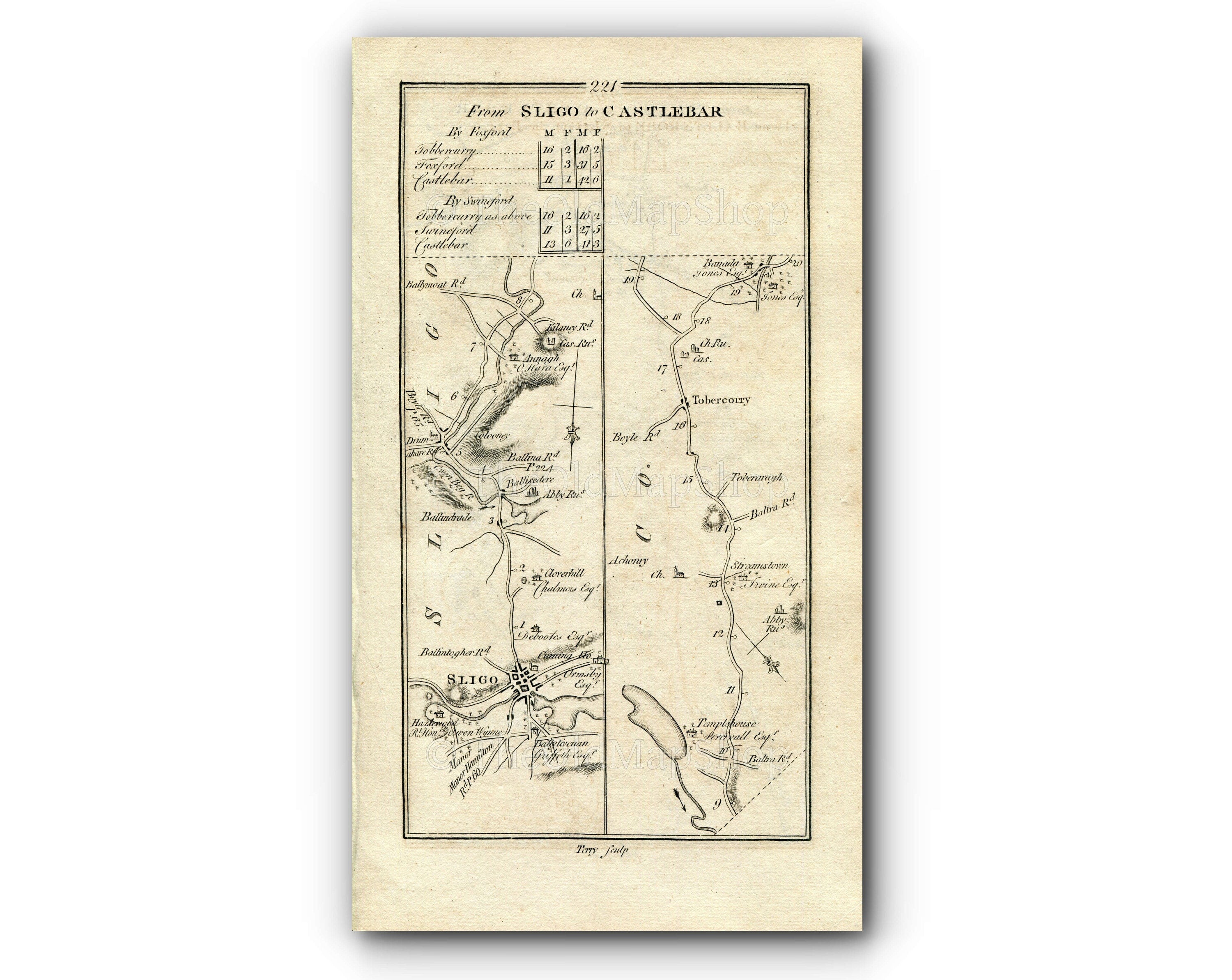 1778 Taylor & Skinner Antique Ireland Road Map 221/222 Sligo Balladrihid Ballysadare Tobercurry Tubbercurry Foxford Charlestown Kilmacteige