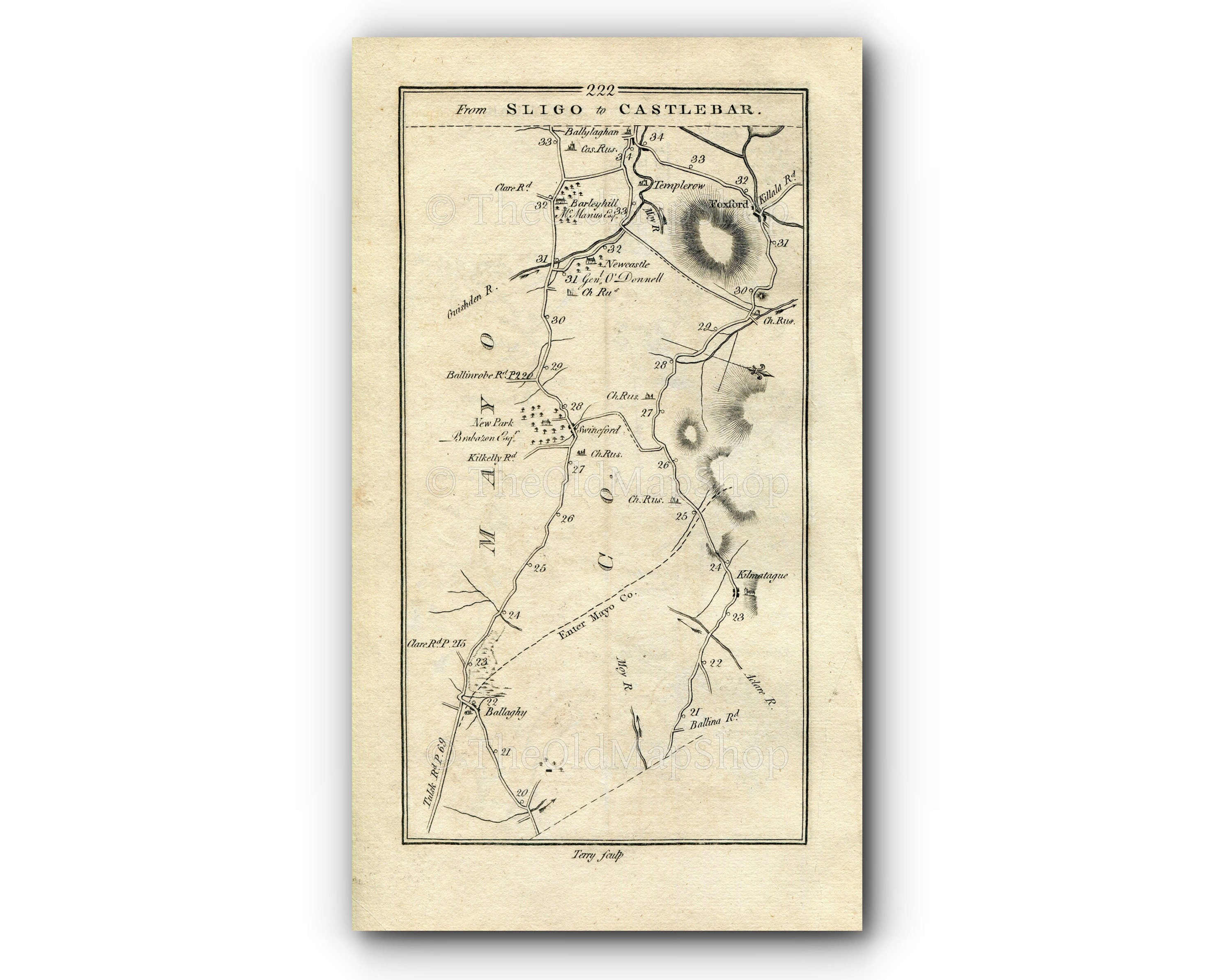 1778 Taylor & Skinner Antique Ireland Road Map 221/222 Sligo Balladrihid Ballysadare Tobercurry Tubbercurry Foxford Charlestown Kilmacteige