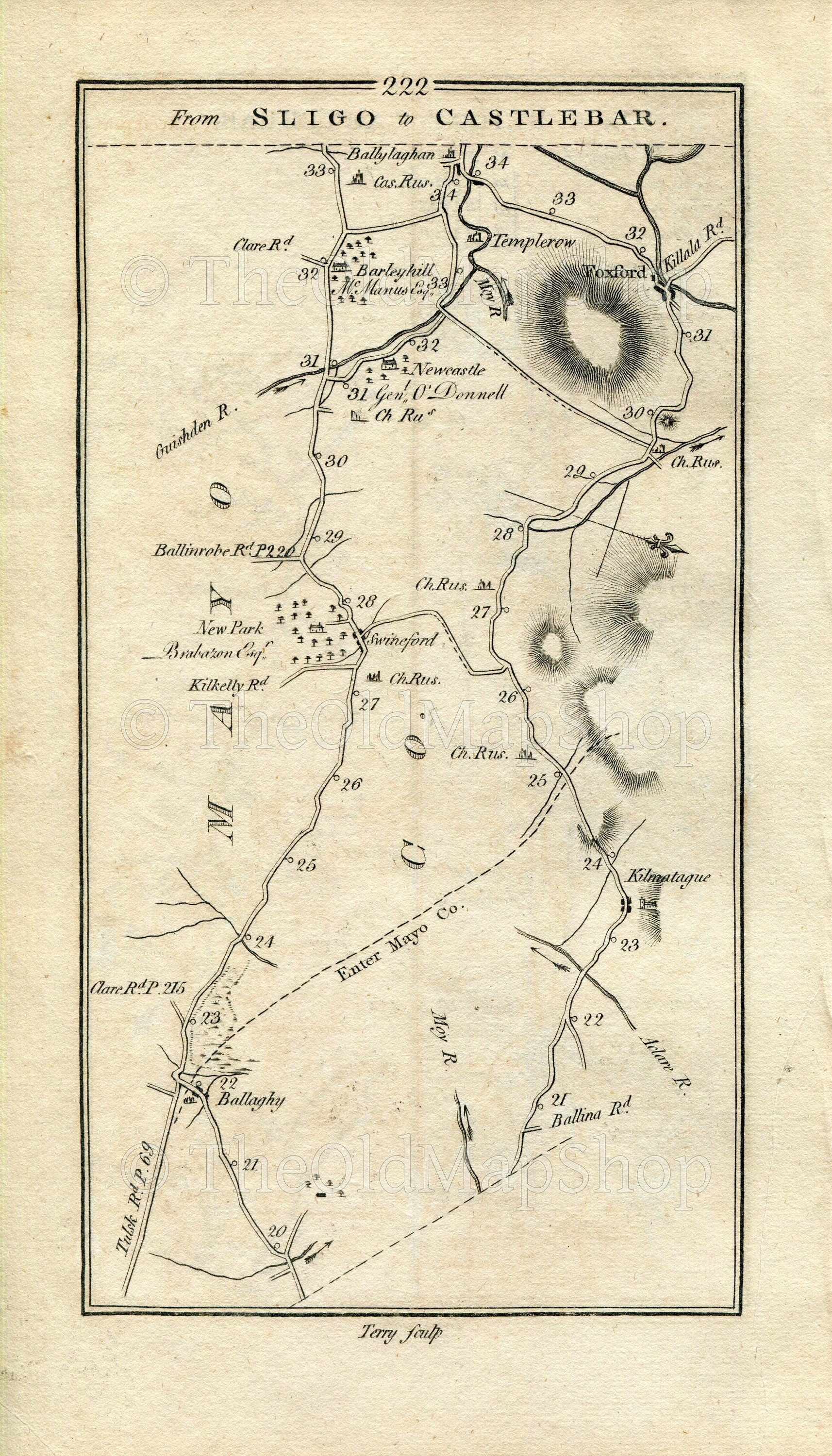 1778 Taylor & Skinner Antique Ireland Road Map 221/222 Sligo Balladrihid Ballysadare Tobercurry Tubbercurry Foxford Charlestown Kilmacteige