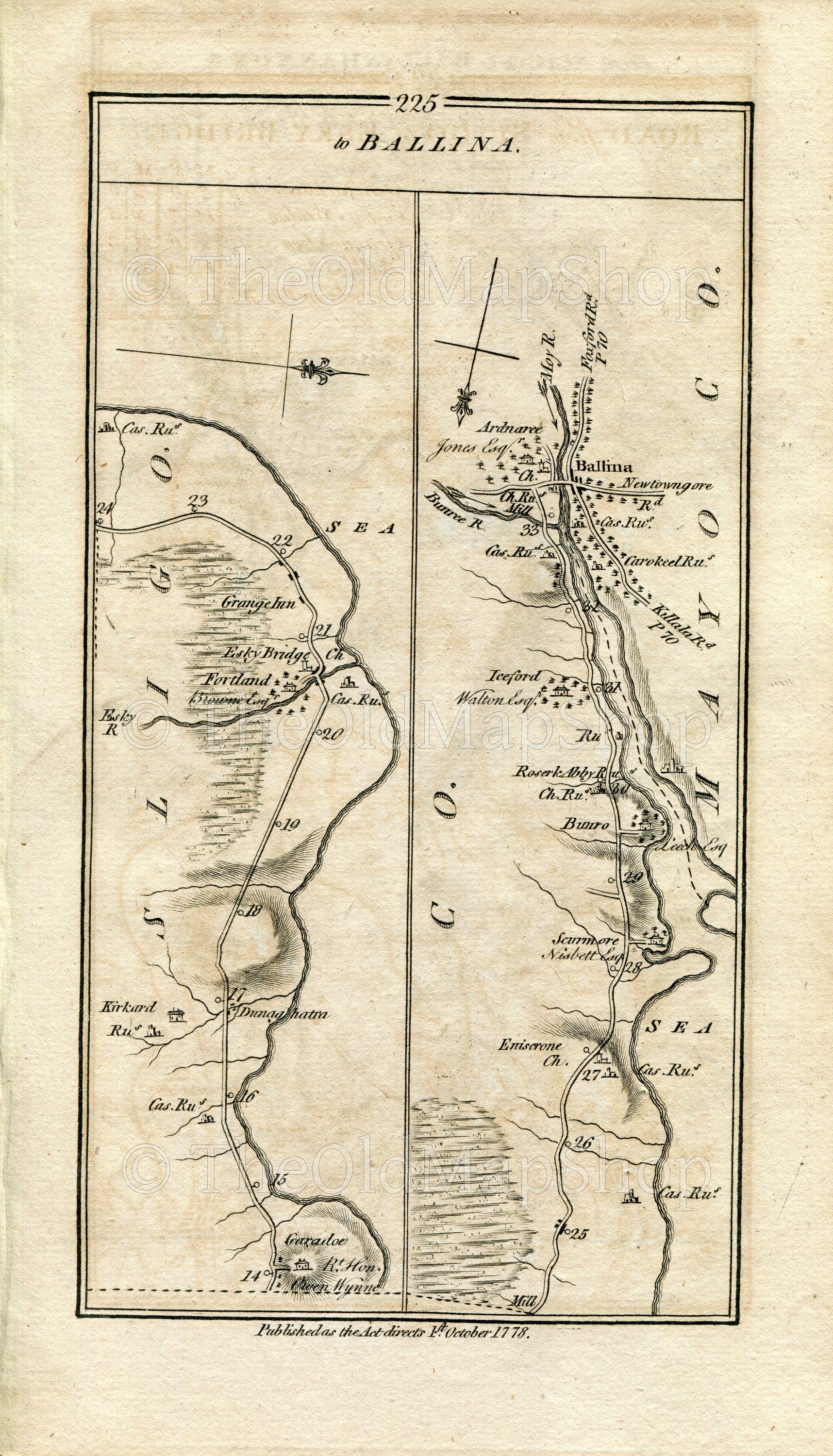 1778 Taylor & Skinner Antique Ireland Road Map 225/226 Donaghintra Easky Ballina Drumcliff Sligo Drumcliffe Lissadell Bundoran Ballyshannon