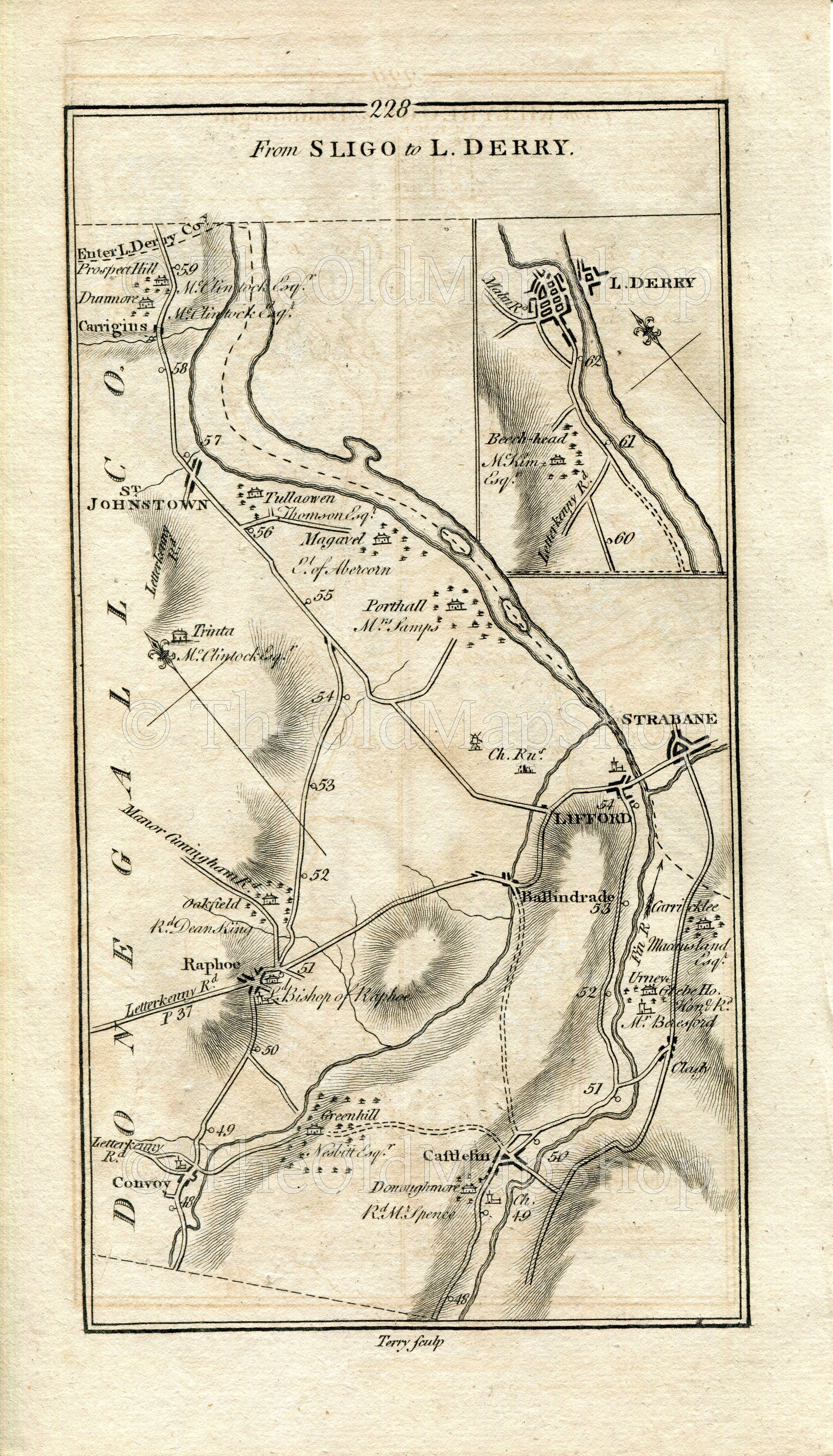 1778 Taylor & Skinner Antique Ireland Road Map 227/228 Ballintra Donegall Ballybofey Castlefinn Convoy Raphoe Strabane Lifford Carrigans