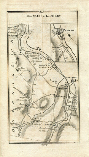 1778 Taylor & Skinner Antique Ireland Road Map 227/228 Ballintra Donegall Ballybofey Castlefinn Convoy Raphoe Strabane Lifford Carrigans