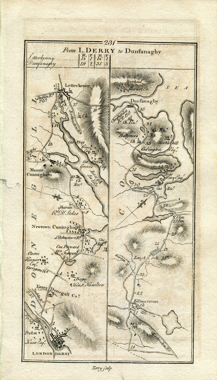 1778 Taylor & Skinner Antique Ireland Road Map 231/232 Londonderry Newtown Cunningham Manorcunningham Letterkenny Carrick-On-Shannon Leitrim