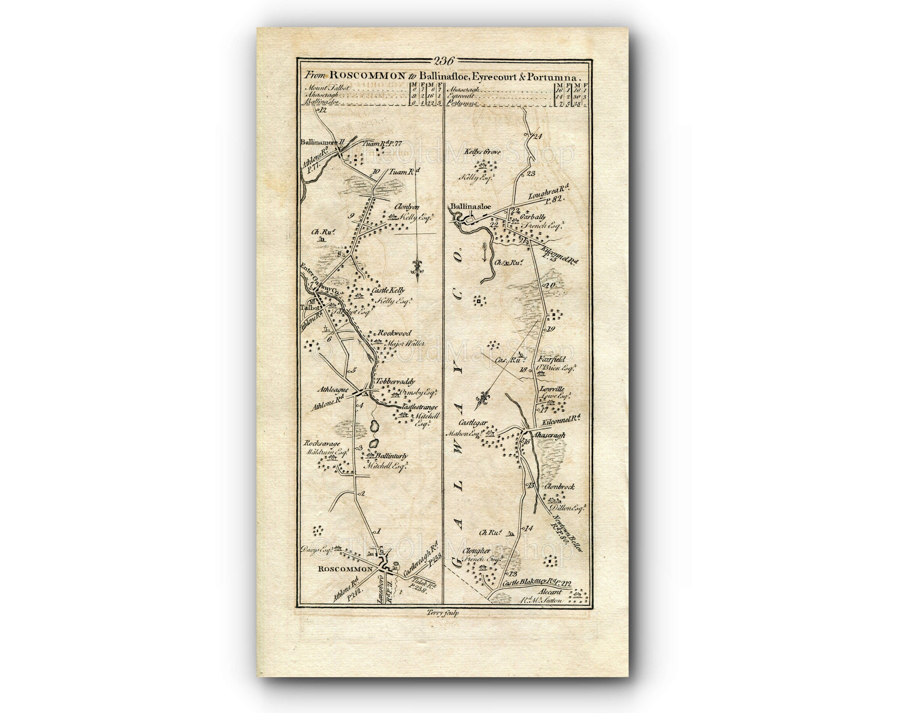 1778 Taylor & Skinner Antique Ireland Road Map 235/236 Ballyshannon Belleek Collooney Ballintogher Dromahair Roscommon Athleague Ballinasloe