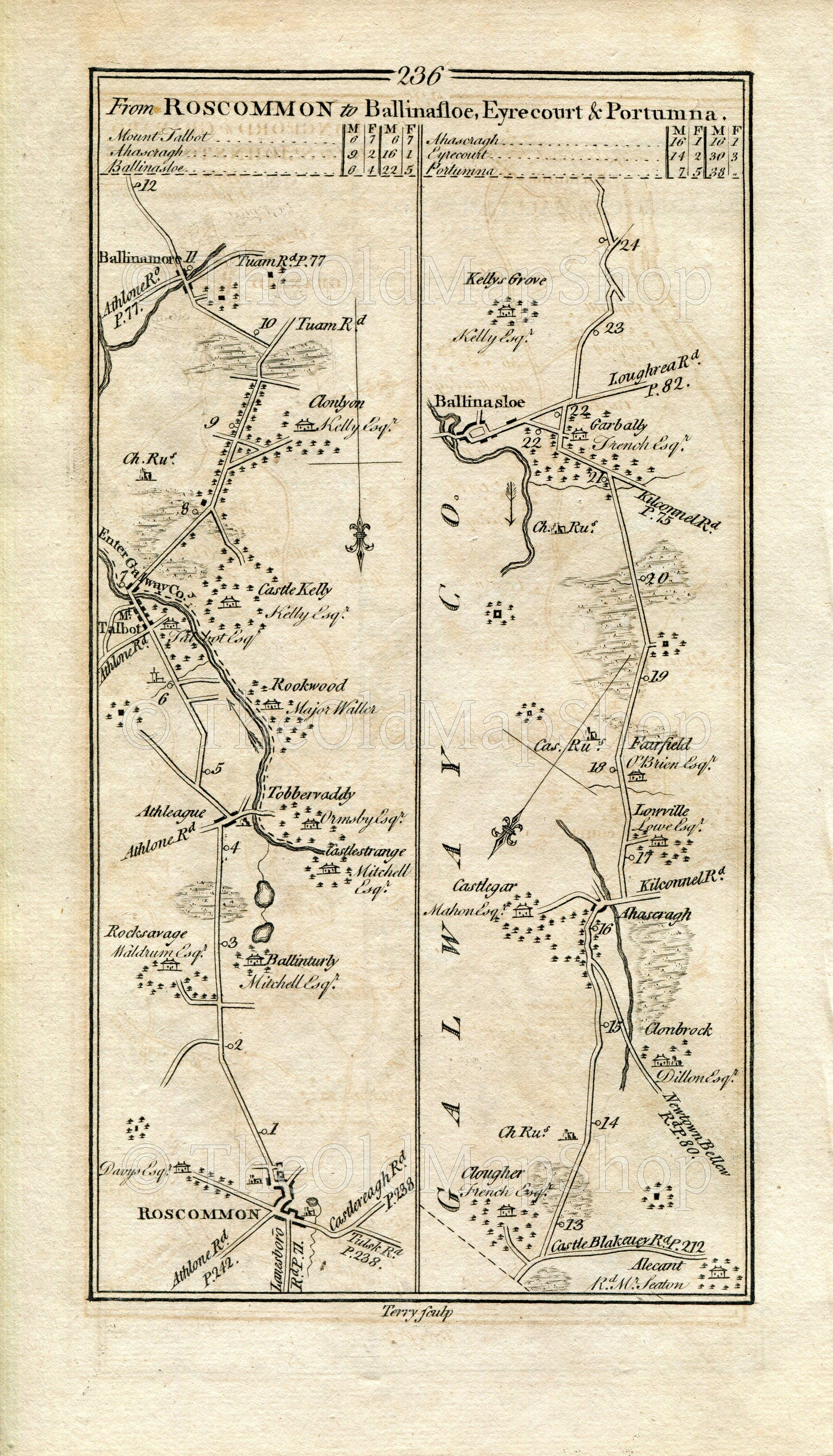 1778 Taylor & Skinner Antique Ireland Road Map 235/236 Ballyshannon Belleek Collooney Ballintogher Dromahair Roscommon Athleague Ballinasloe