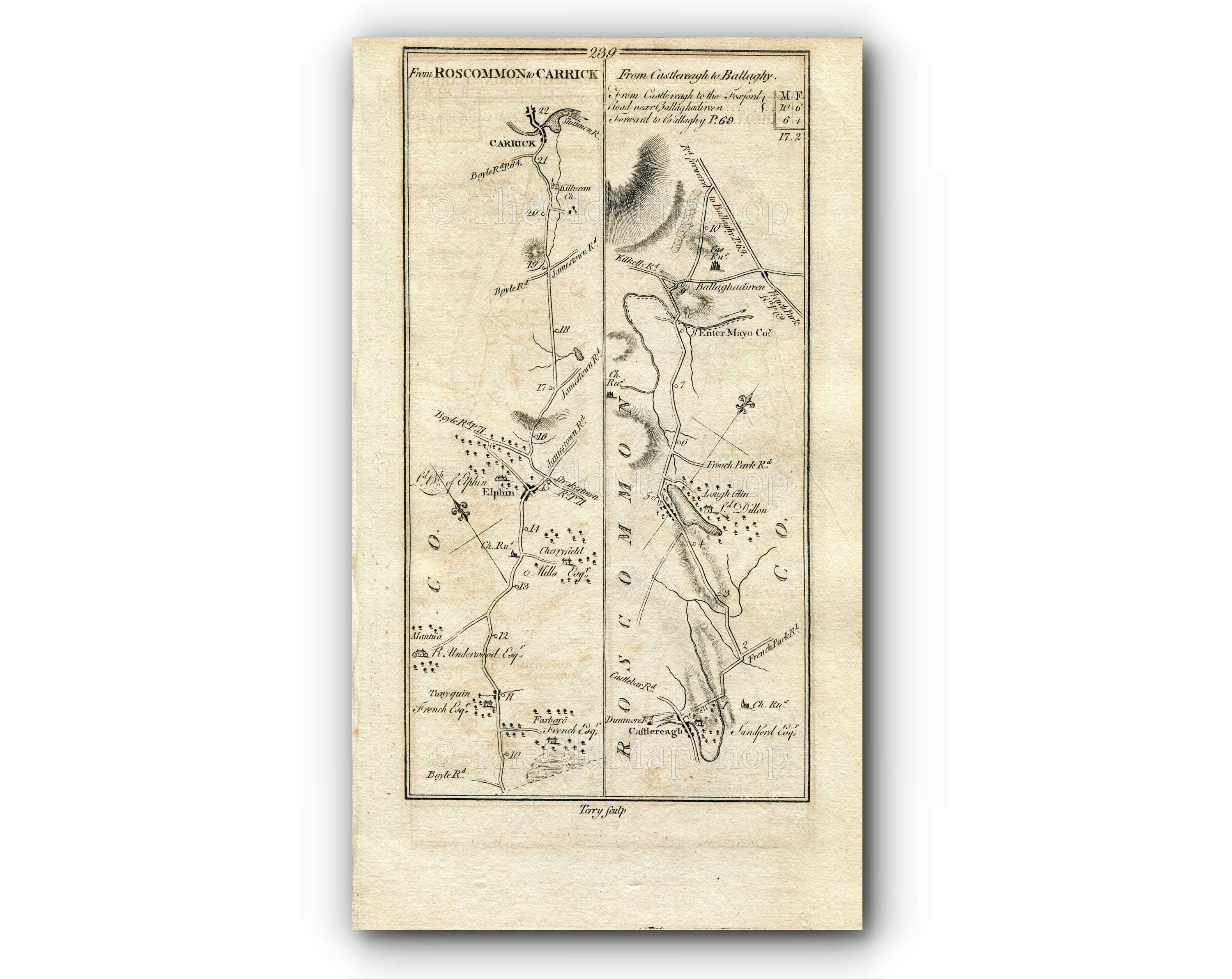 1778 Taylor & Skinner Antique Ireland Road Map 239/240 Elphin Carrick-On-Shannon Castlerea Loughglinn Ballaghaderreen Boyle Frenchpark
