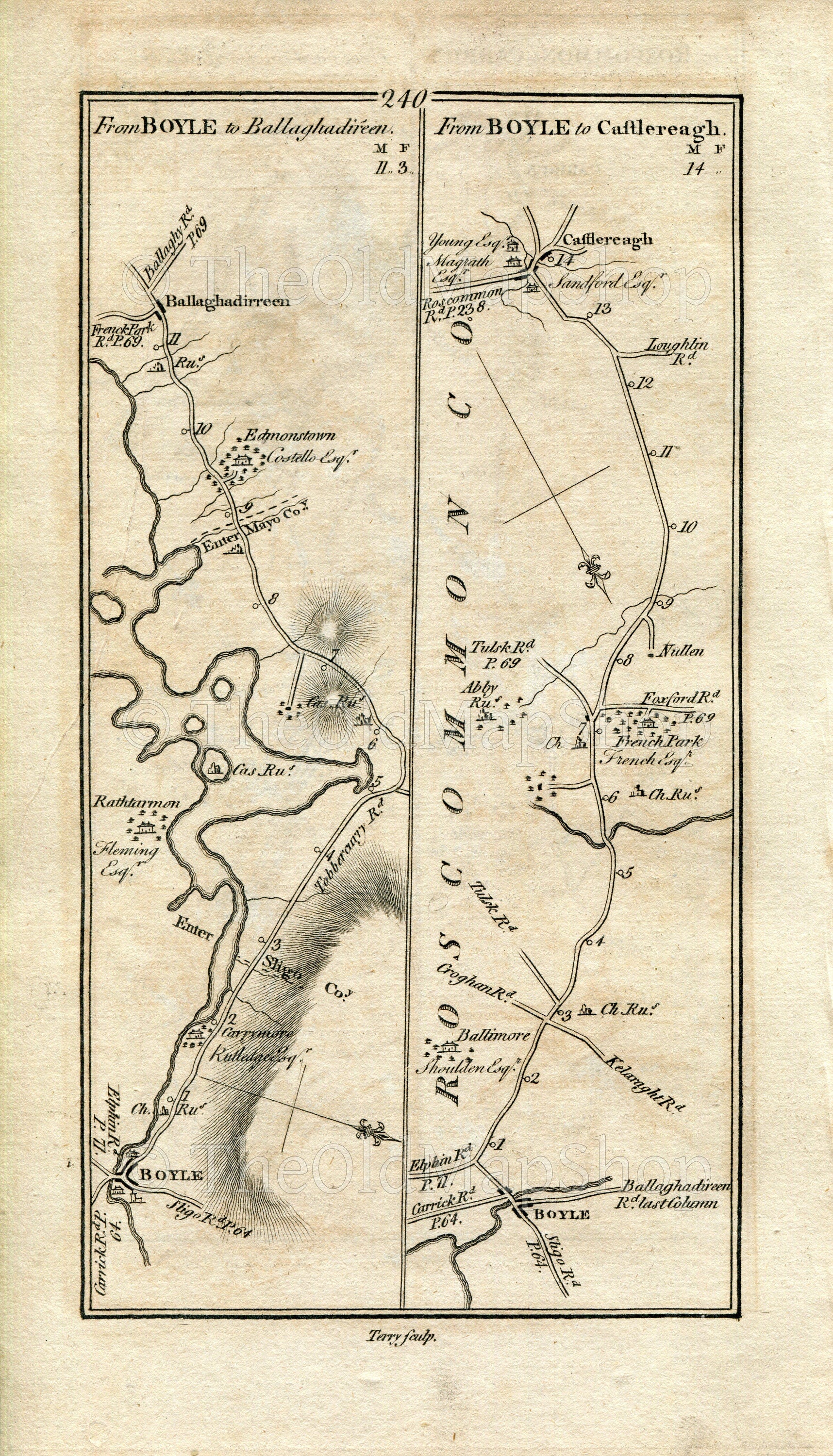 1778 Taylor & Skinner Antique Ireland Road Map 239/240 Elphin Carrick-On-Shannon Castlerea Loughglinn Ballaghaderreen Boyle Frenchpark