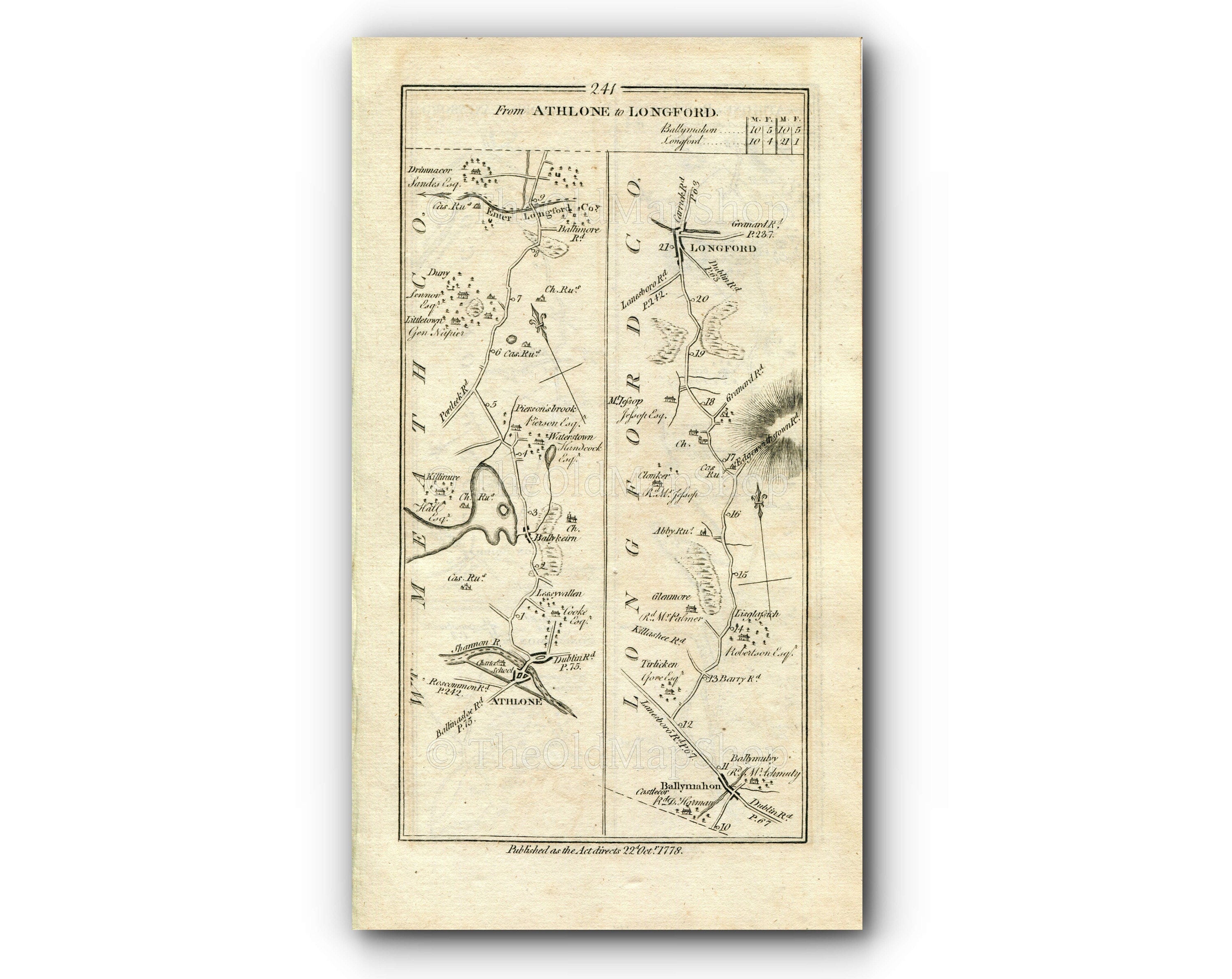 1778 Taylor & Skinner Antique Ireland Road Map 241/242 Athlone Ballykeeran Killinure Ballymahon Longford Roscommon Killashee Lanesborough