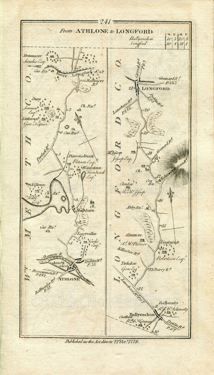 1778 Taylor & Skinner Antique Ireland Road Map 241/242 Athlone Ballykeeran Killinure Ballymahon Longford Roscommon Killashee Lanesborough