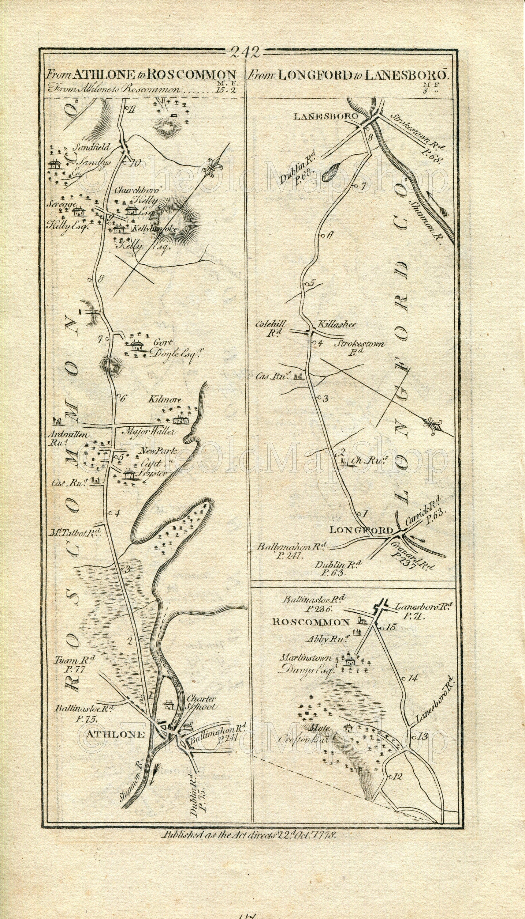 1778 Taylor & Skinner Antique Ireland Road Map 241/242 Athlone Ballykeeran Killinure Ballymahon Longford Roscommon Killashee Lanesborough