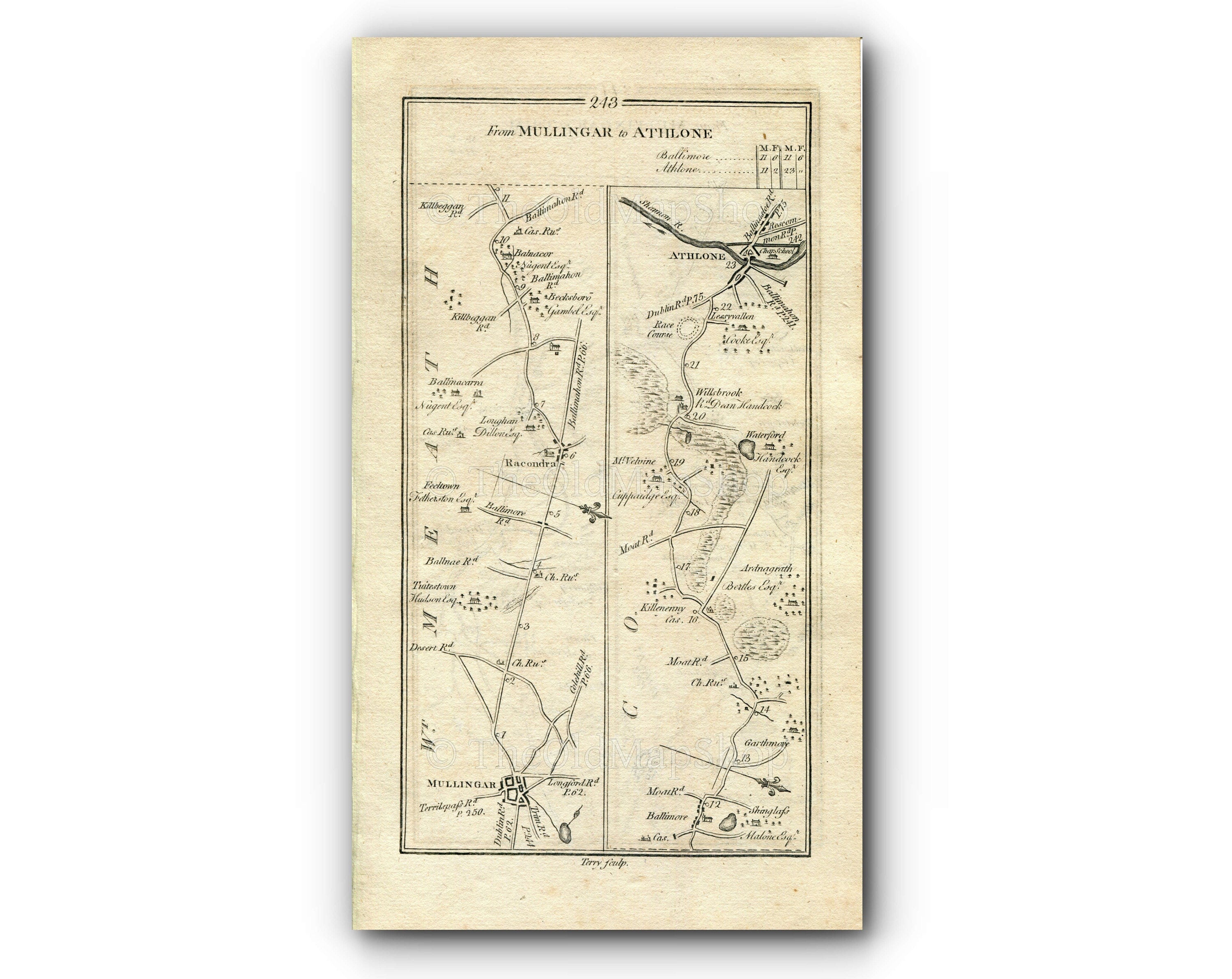 1778 Taylor & Skinner Antique Ireland Road Map 243/244 Mullingar Rathconrath Ballymore Athlone Killynan Clonlost Craddenstown Drinadaly Trim