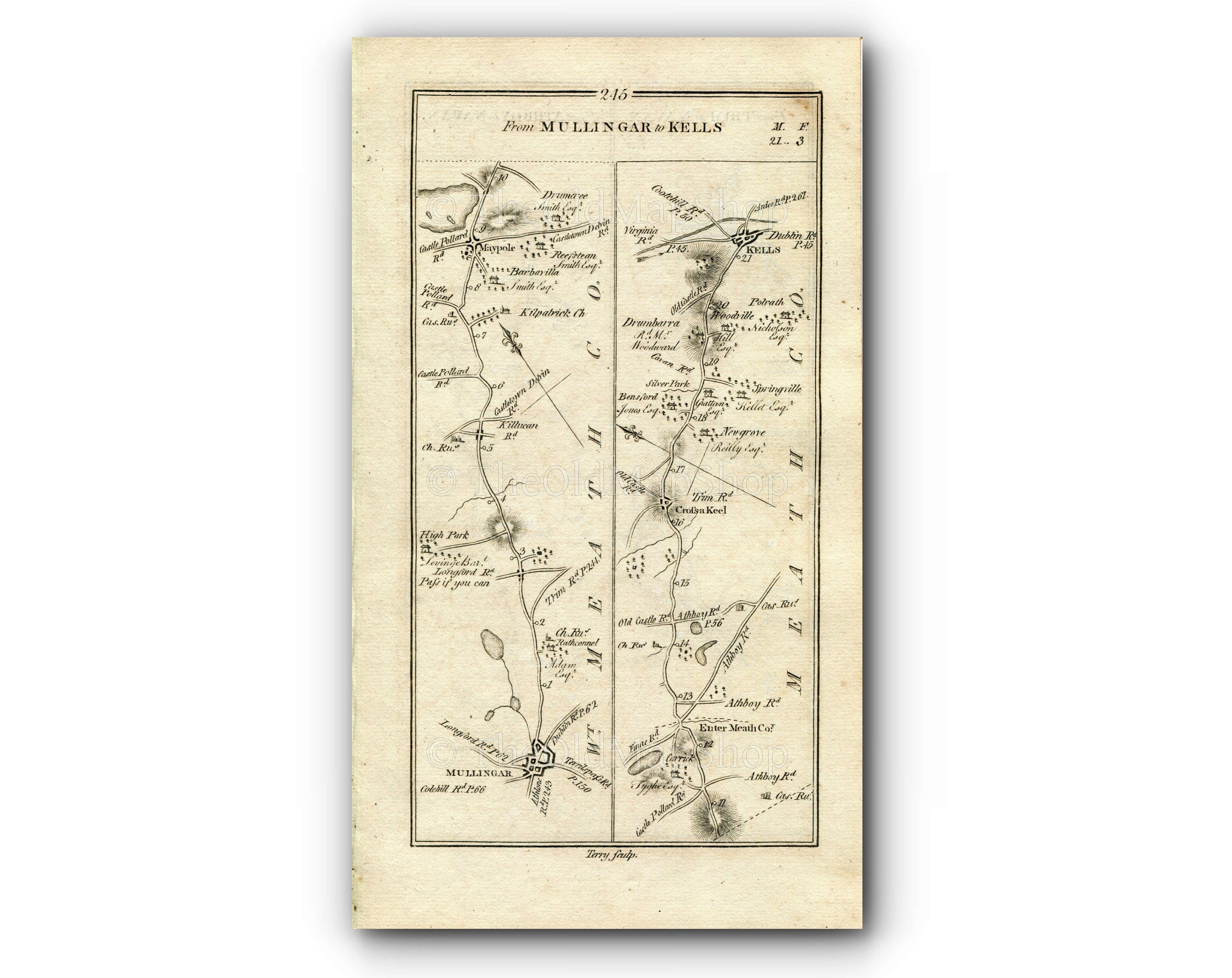 1778 Taylor & Skinner Antique Ireland Road Map 245/246 Mullingar Collinstown Crossakiel Sylvan Park Kells Trim Navan Athboy Meadstown