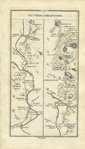 1778 Taylor & Skinner Antique Ireland Road Map 247/248 Trim Donore Clonard Daingean Kilbeggan Tullamore Tyrrellspass Meath Offaly Westmeath