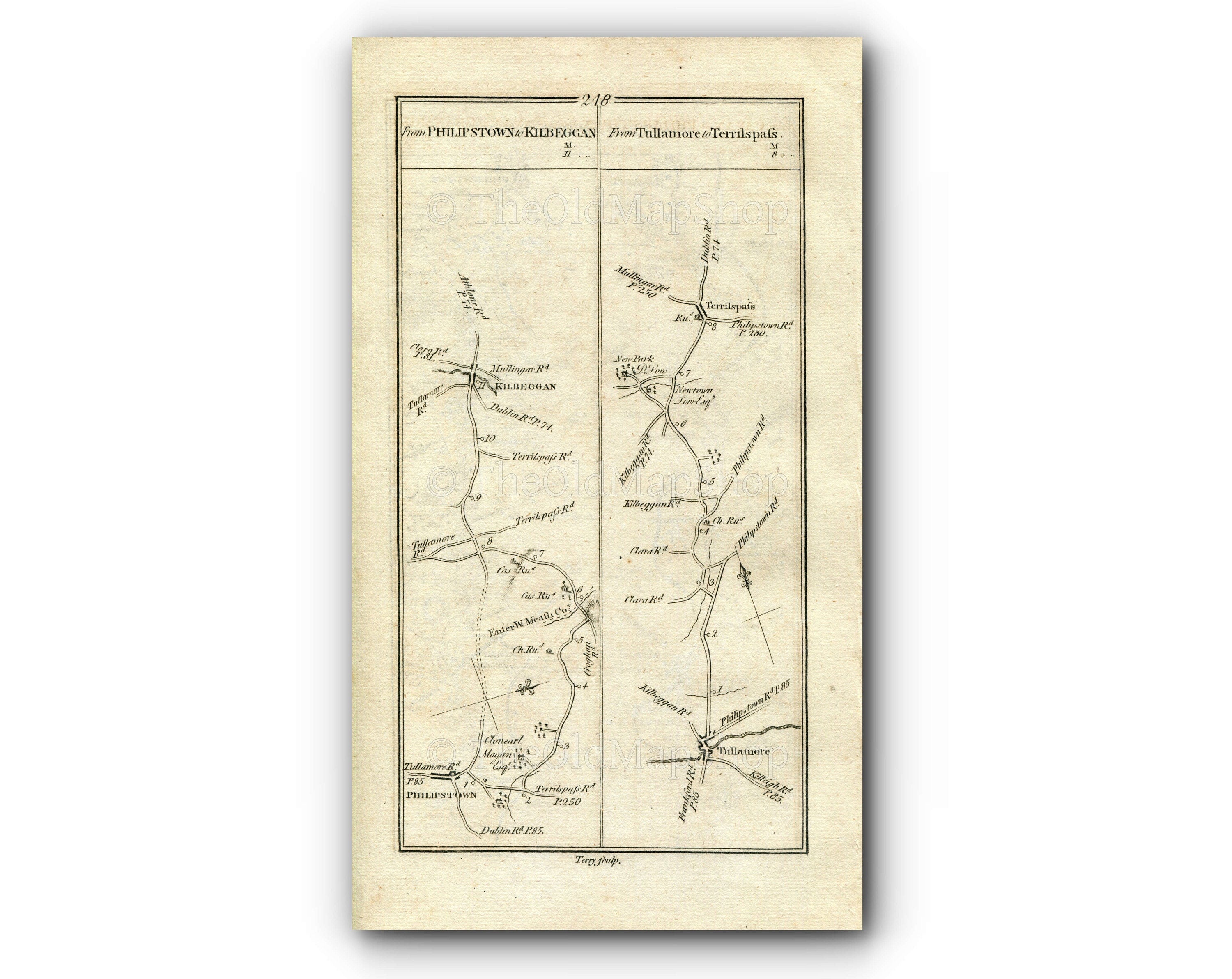 1778 Taylor & Skinner Antique Ireland Road Map 247/248 Trim Donore Clonard Daingean Kilbeggan Tullamore Tyrrellspass Meath Offaly Westmeath