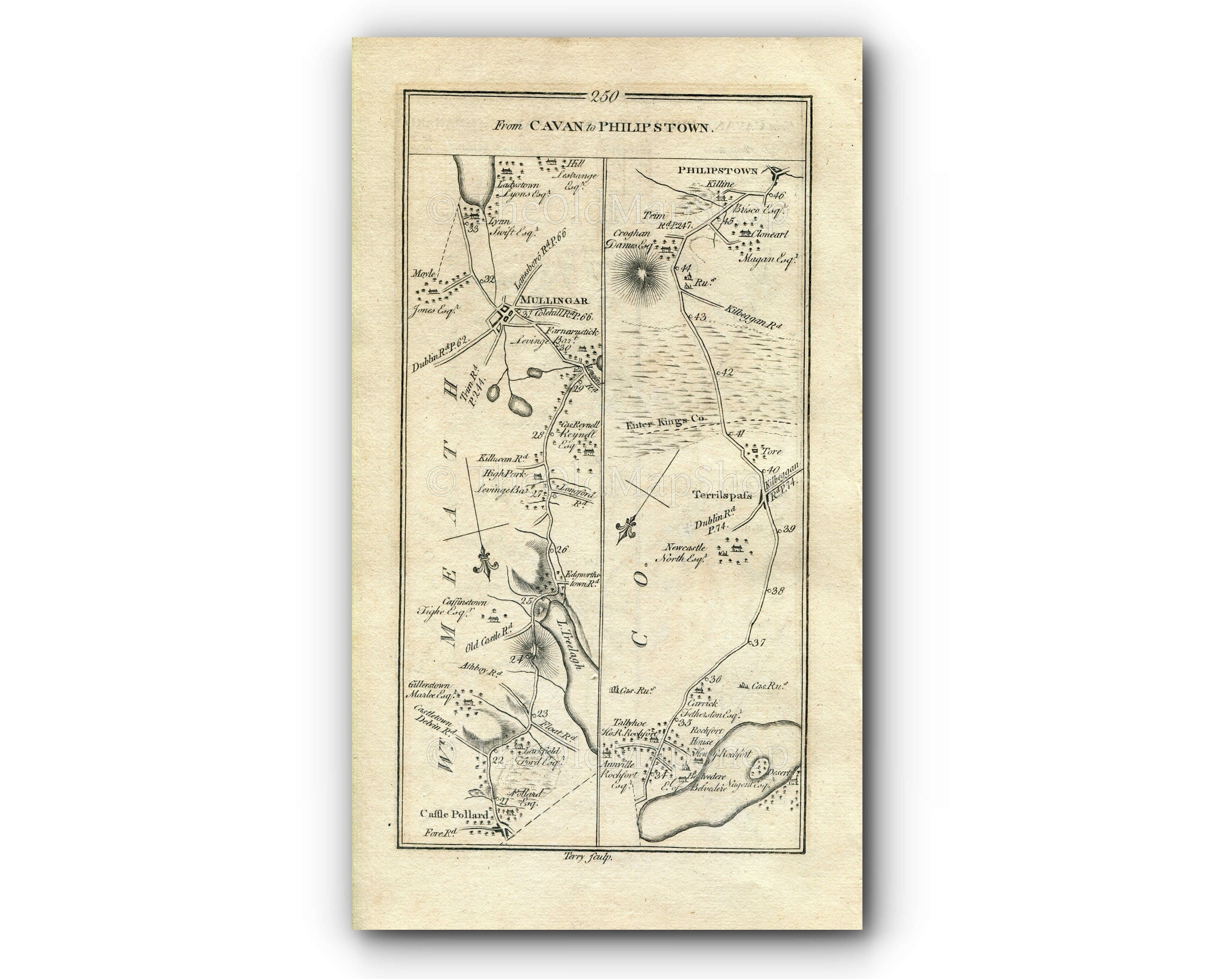 1778 Taylor & Skinner Antique Ireland Road Map 249/250 Cavan Ballinagh Granard Finnea Castlepollard Mullingar Tally Ho Tyrrellspass Daingean
