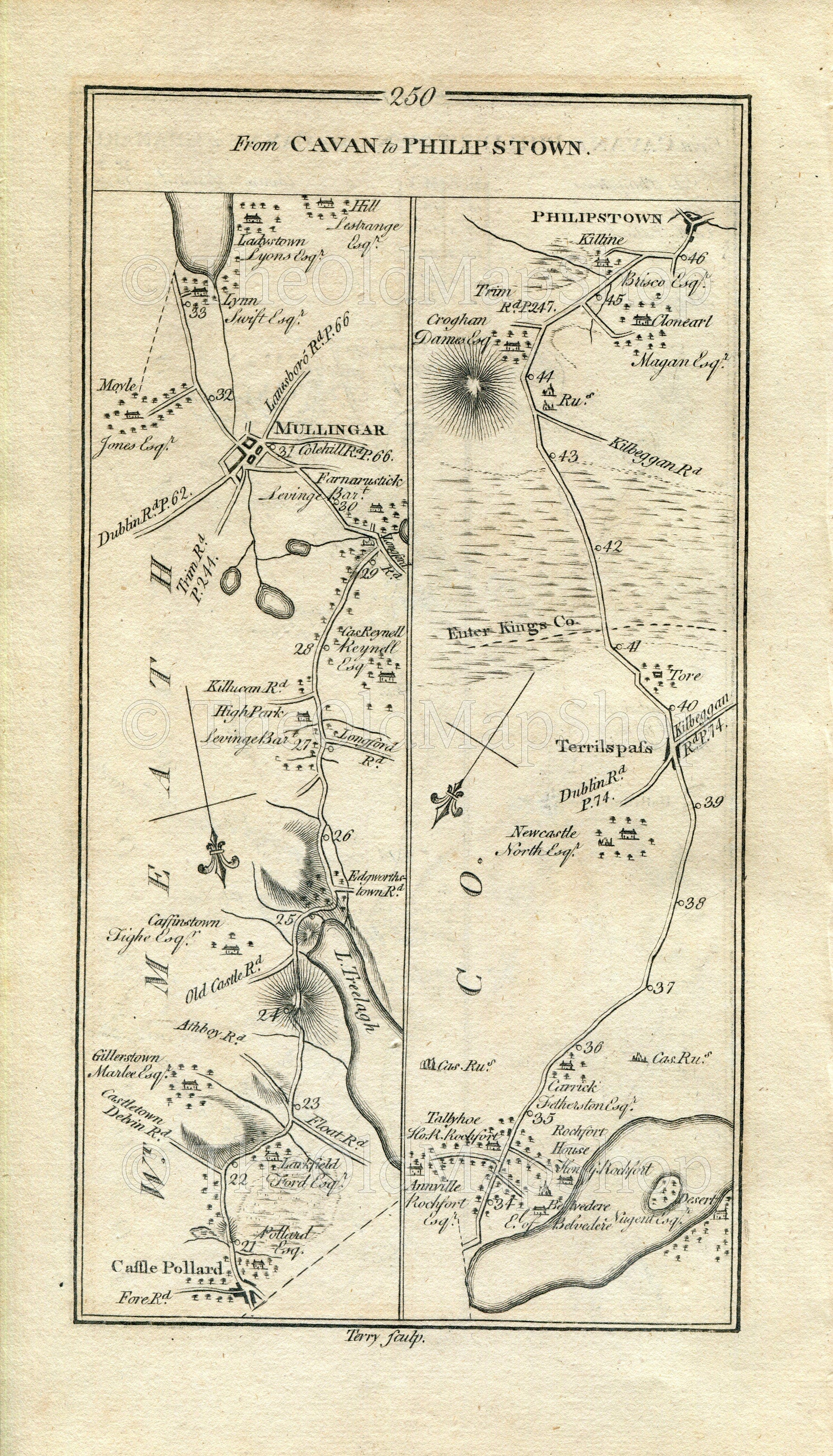 1778 Taylor & Skinner Antique Ireland Road Map 249/250 Cavan Ballinagh Granard Finnea Castlepollard Mullingar Tally Ho Tyrrellspass Daingean