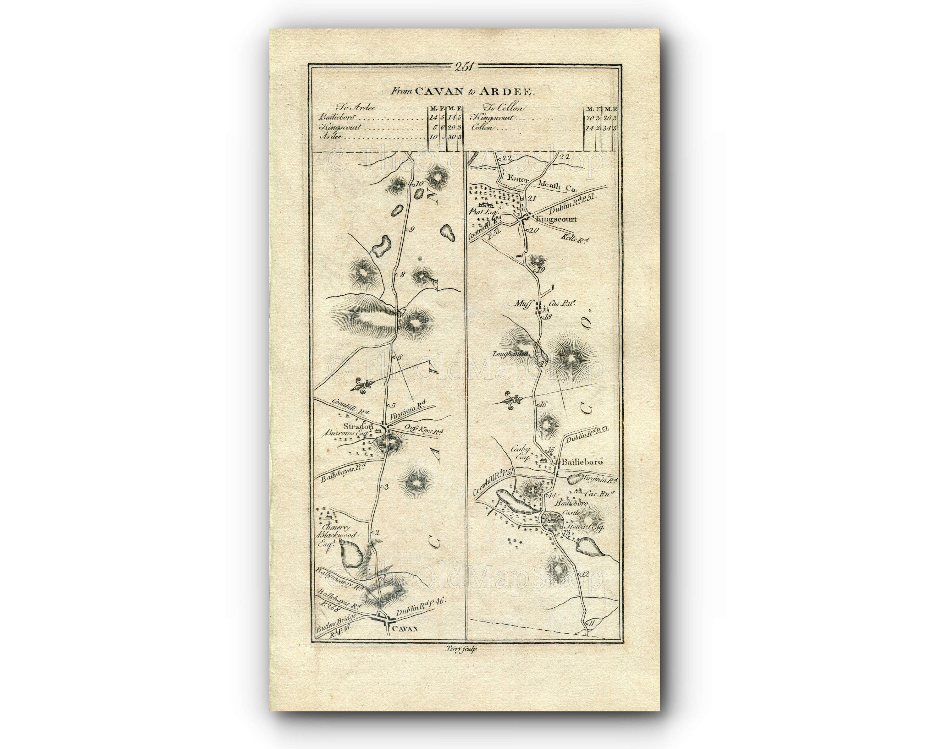 1778 Taylor & Skinner Antique Ireland Road Map 251/252 Cavan Stradone Bailieborough Kingscourt Drumconrath Smarmore Ardee Collon Cavan Meath