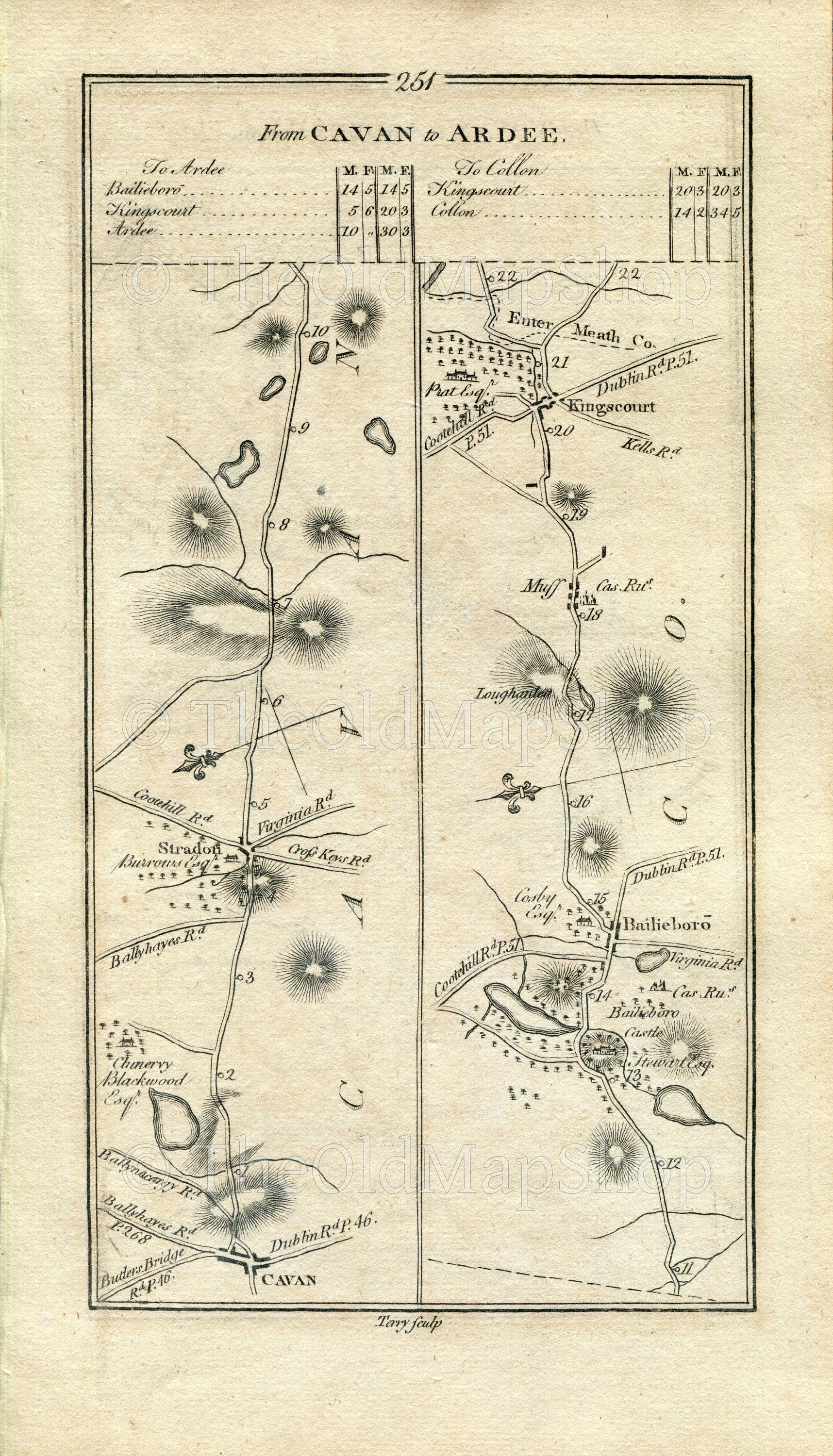 1778 Taylor & Skinner Antique Ireland Road Map 251/252 Cavan Stradone Bailieborough Kingscourt Drumconrath Smarmore Ardee Collon Cavan Meath