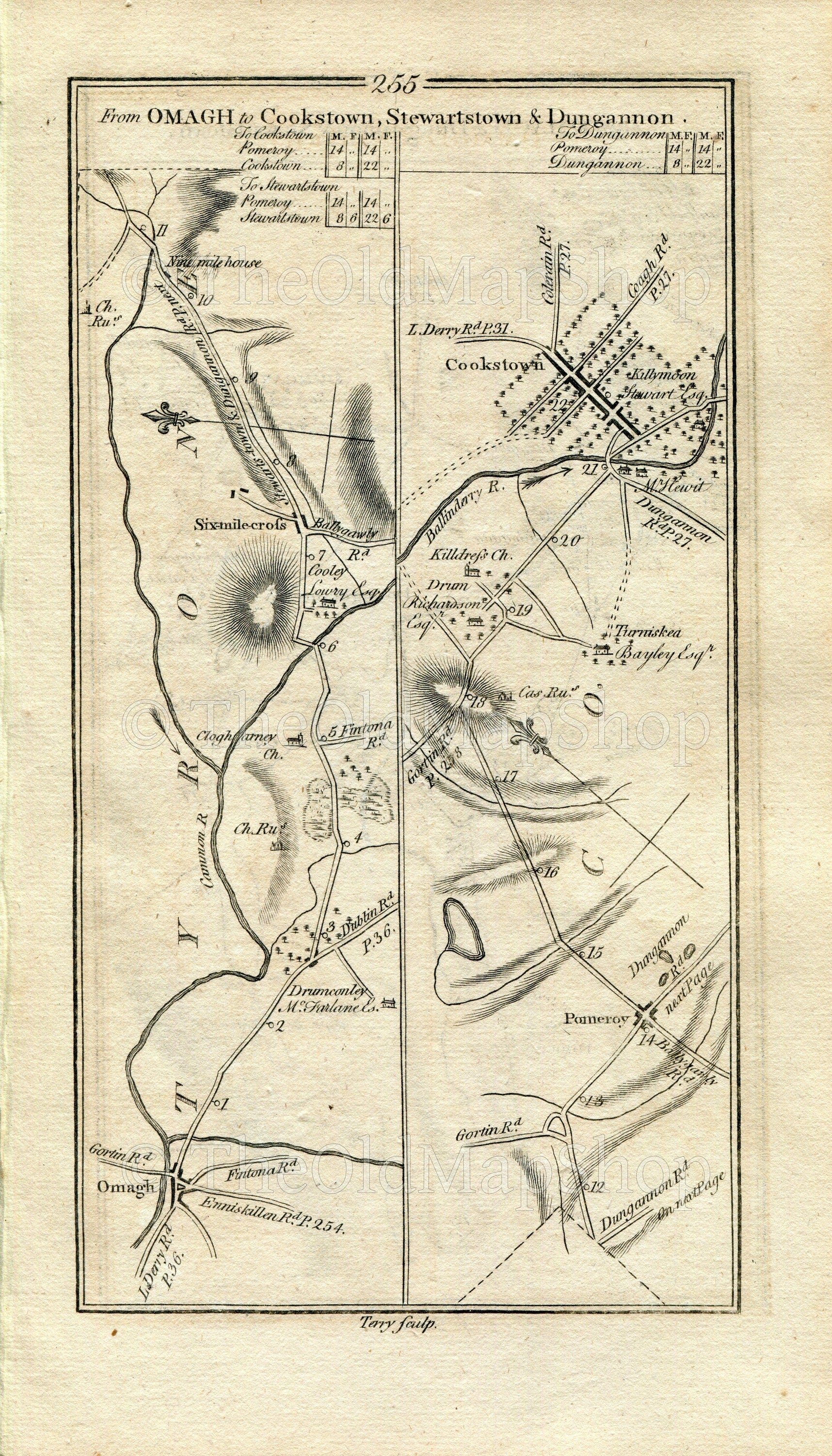 1778 Taylor & Skinner Antique Ireland Road Map 255/256 Omagh Sixmilecross Pomeroy Cookstown Donaghmore Dungannon Stewartstown County Tyrone