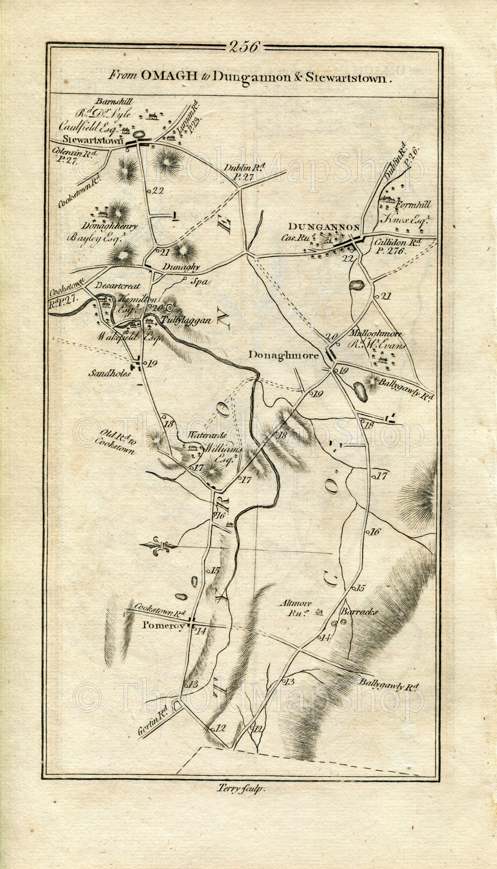 1778 Taylor & Skinner Antique Ireland Road Map 255/256 Omagh Sixmilecross Pomeroy Cookstown Donaghmore Dungannon Stewartstown County Tyrone