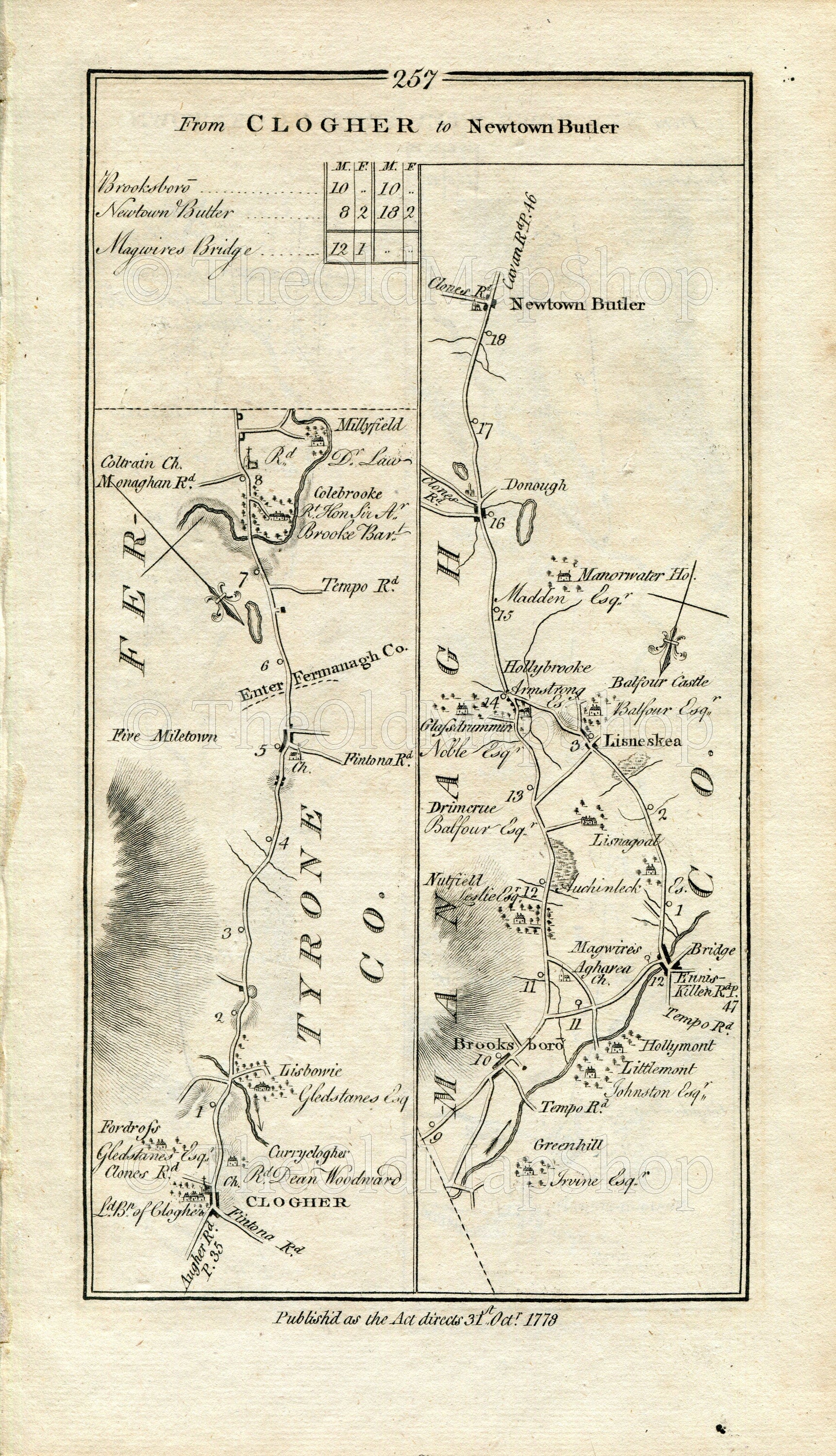 1778 Taylor & Skinner Antique Ireland Road Map 257/258 Clogher Brookeborough Maguiresbridge Lisnaskea Newtownbutler Newtownstewart Cookstown