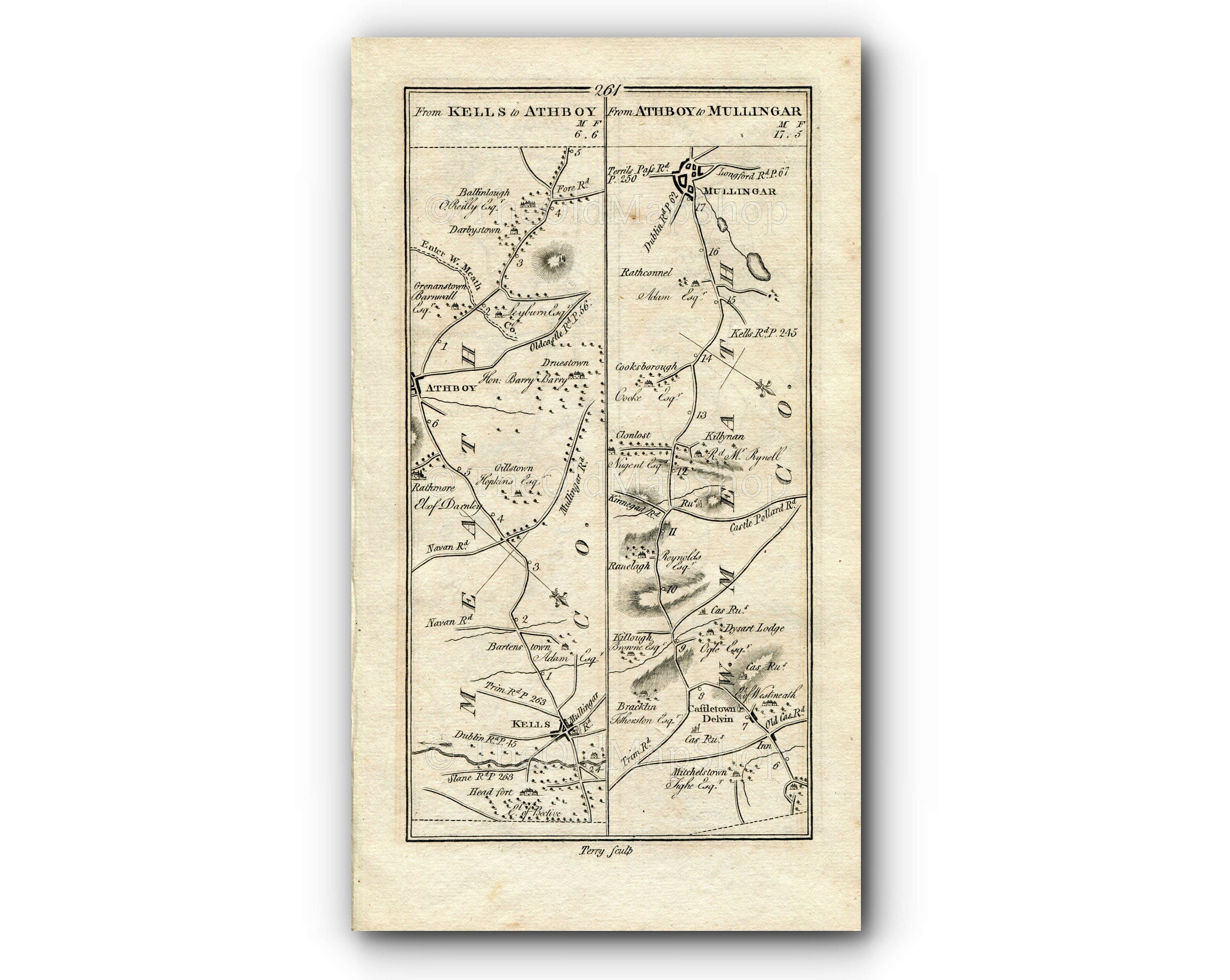 1778 Taylor & Skinner Antique Ireland Road Map 261/262 Kells Athboy Mullingar Dundalk Louth Carrickmacross Cullaville Foxfield Castleblayney