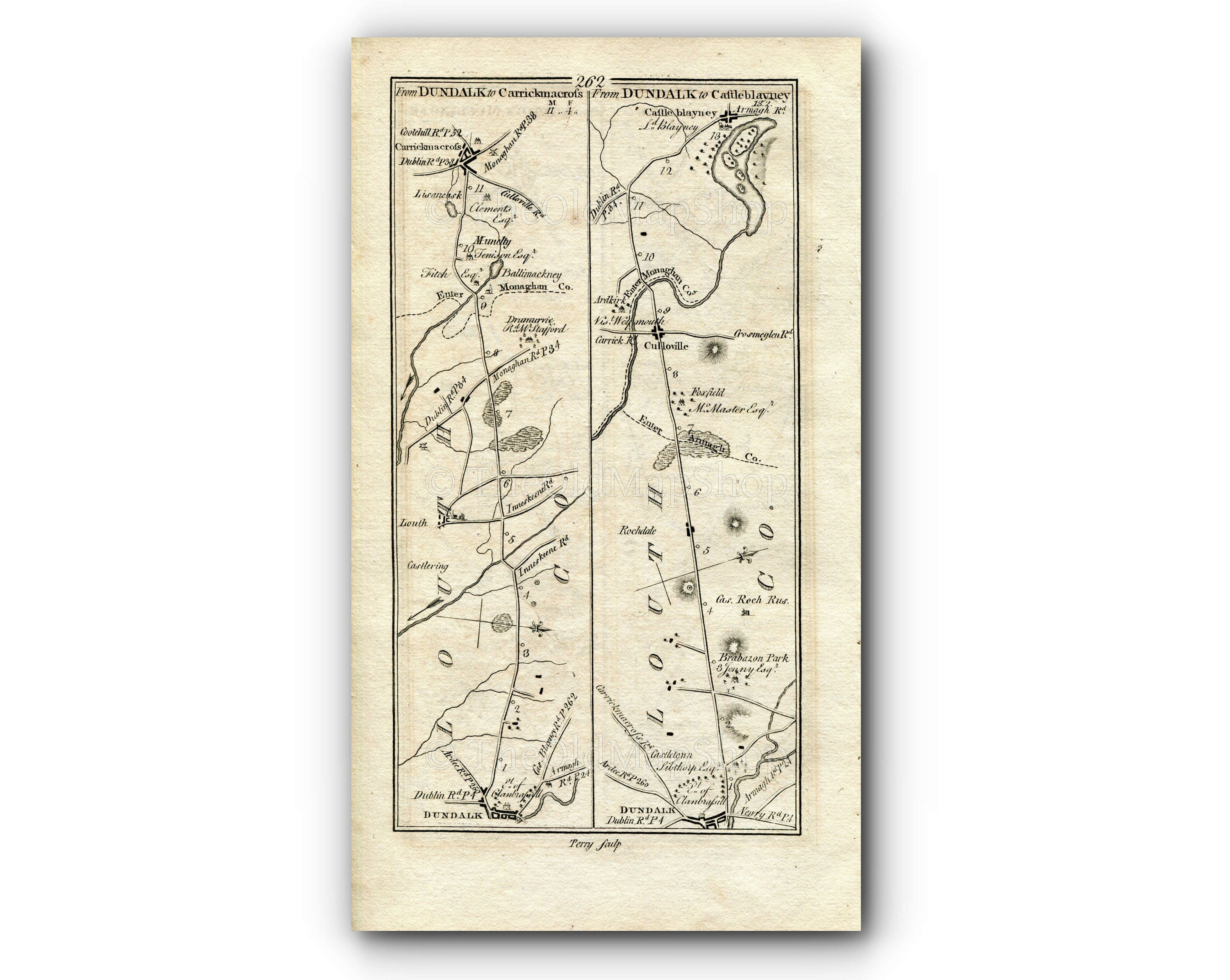 1778 Taylor & Skinner Antique Ireland Road Map 261/262 Kells Athboy Mullingar Dundalk Louth Carrickmacross Cullaville Foxfield Castleblayney