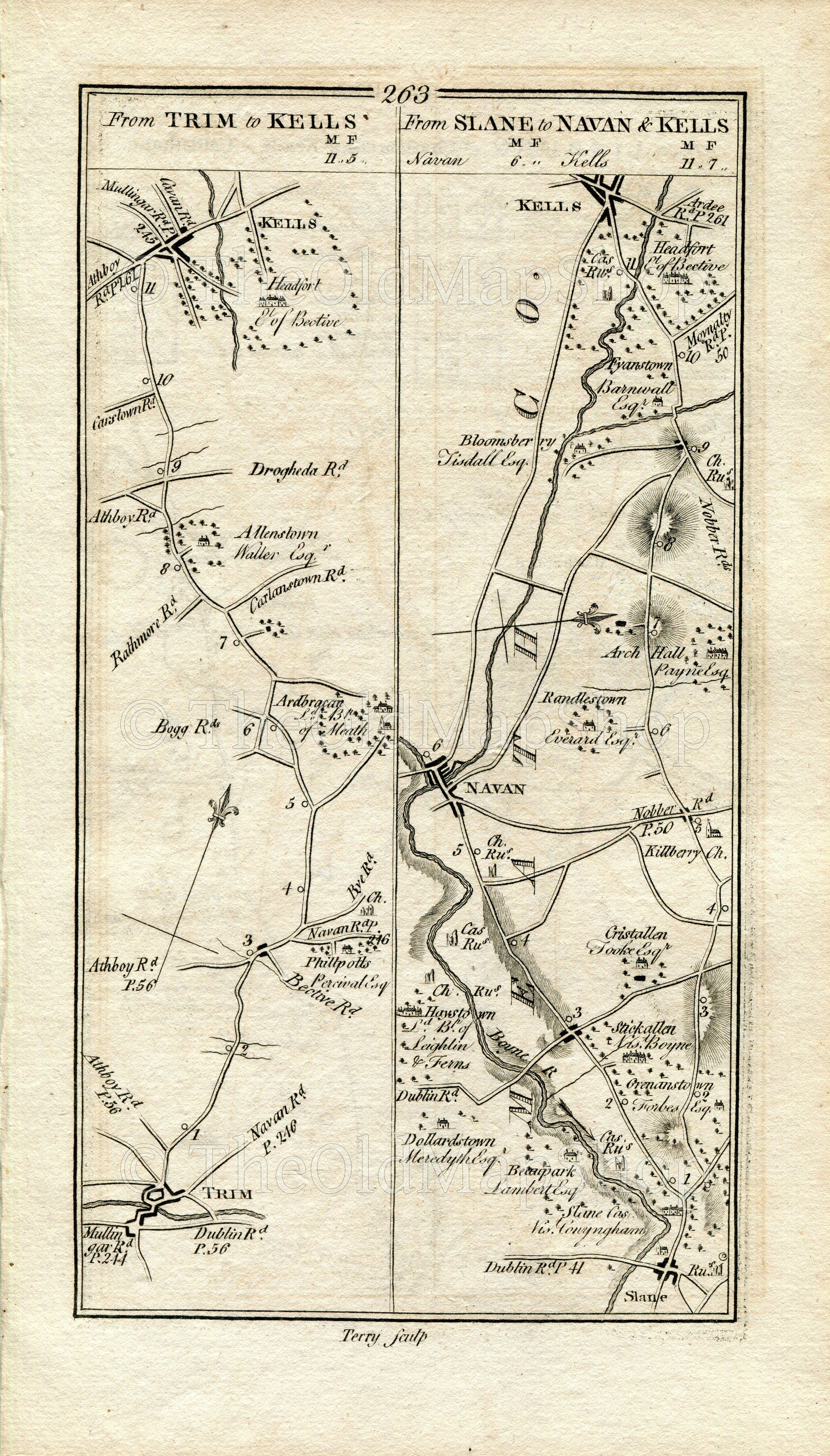 1778 Taylor & Skinner Antique Ireland Road Map 263/264 Trim Kells Slane Navan Bloomsbury Lisburn Mazetown Moira Magheralin Ballinderry