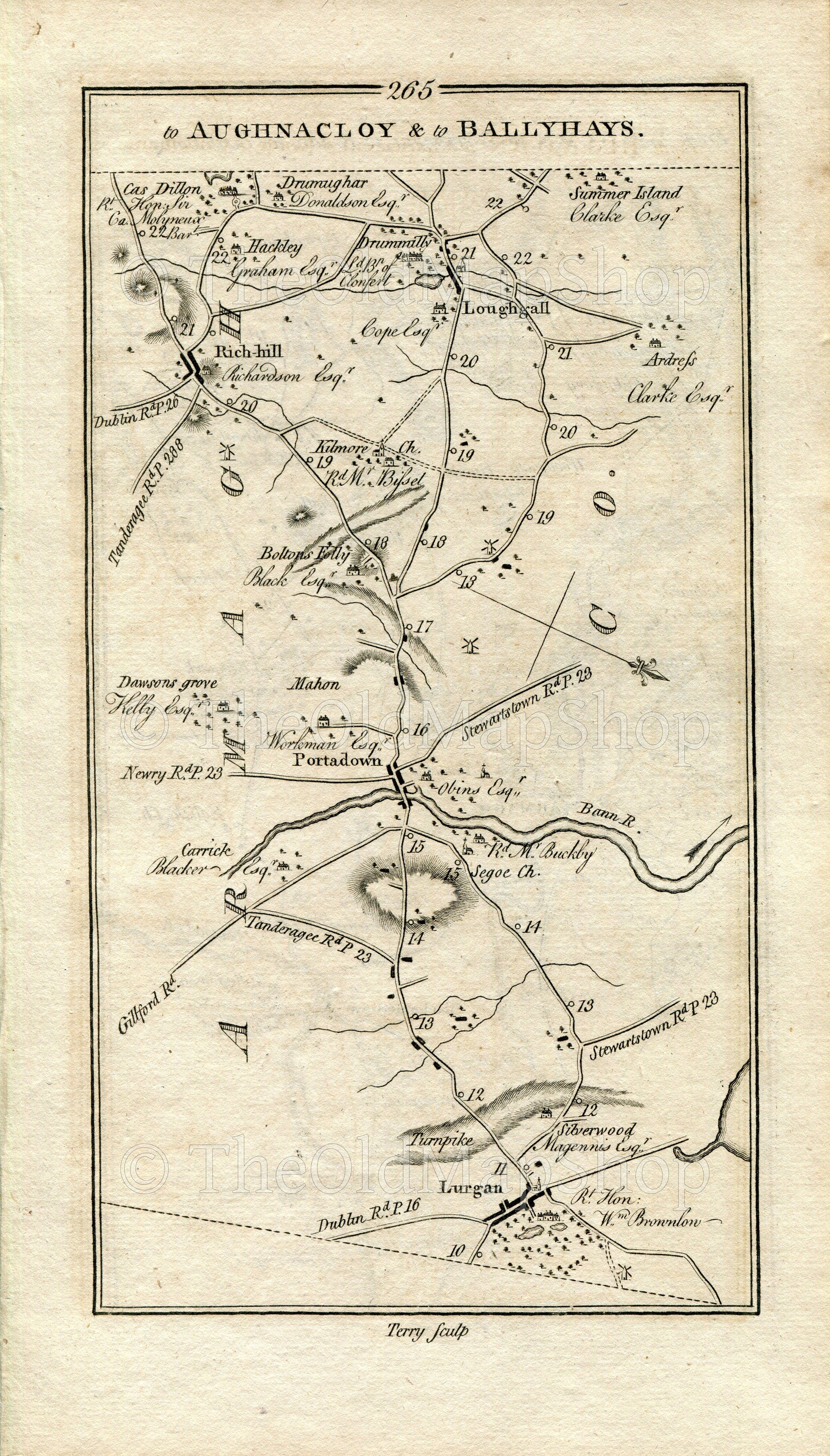 1778 Taylor & Skinner Antique Ireland Road Map 265/266 Lurgan Portadown Richhill Loughgall Moy Charlemont Blackwatertown Armagh Keady Tynan