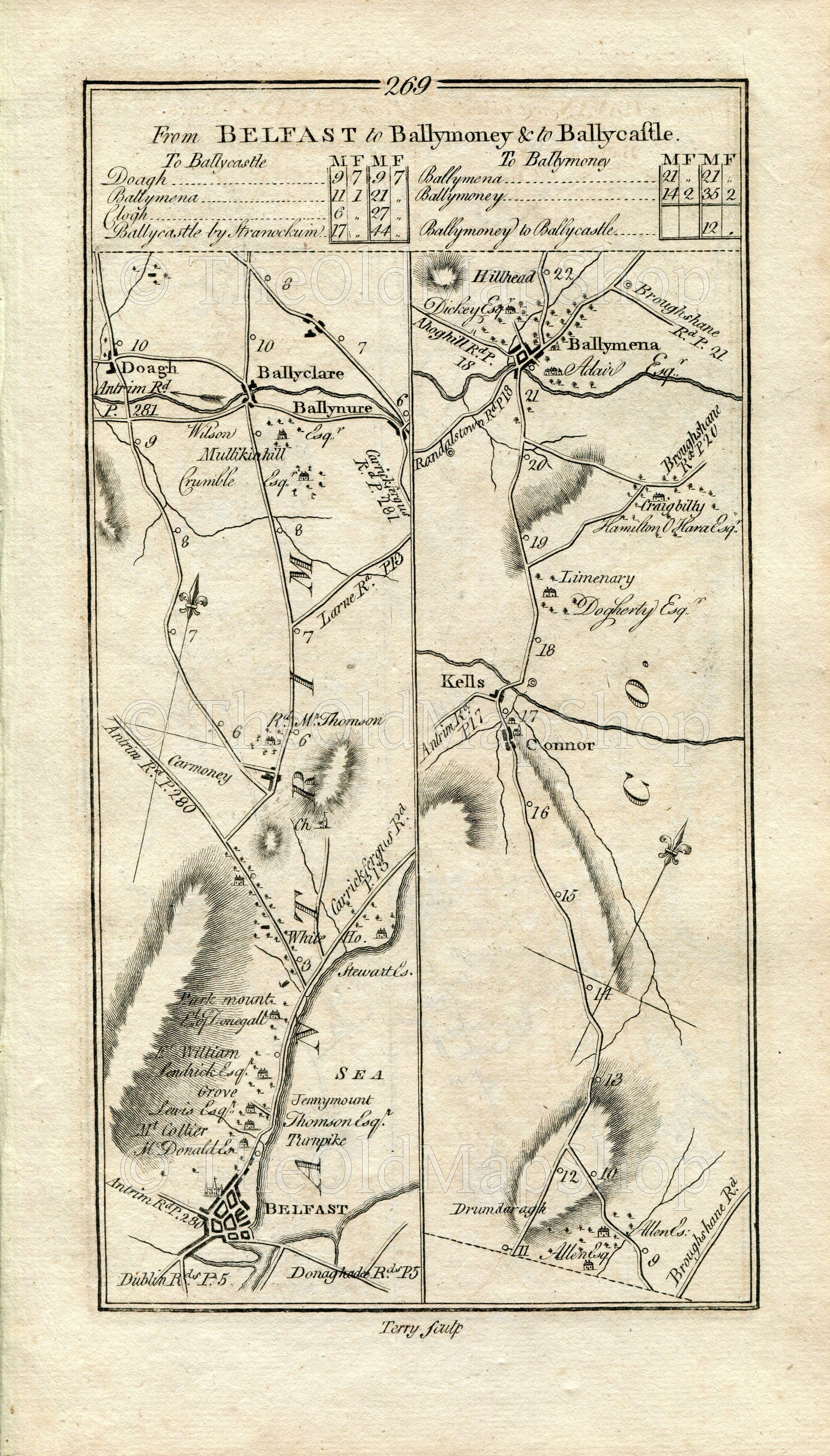 1778 Taylor & Skinner Antique Ireland Map 269/270 Belfast Doagh Ballyclare Kells Ballymena Clough Cloughmills Ballymoney Dervock Ballycastle