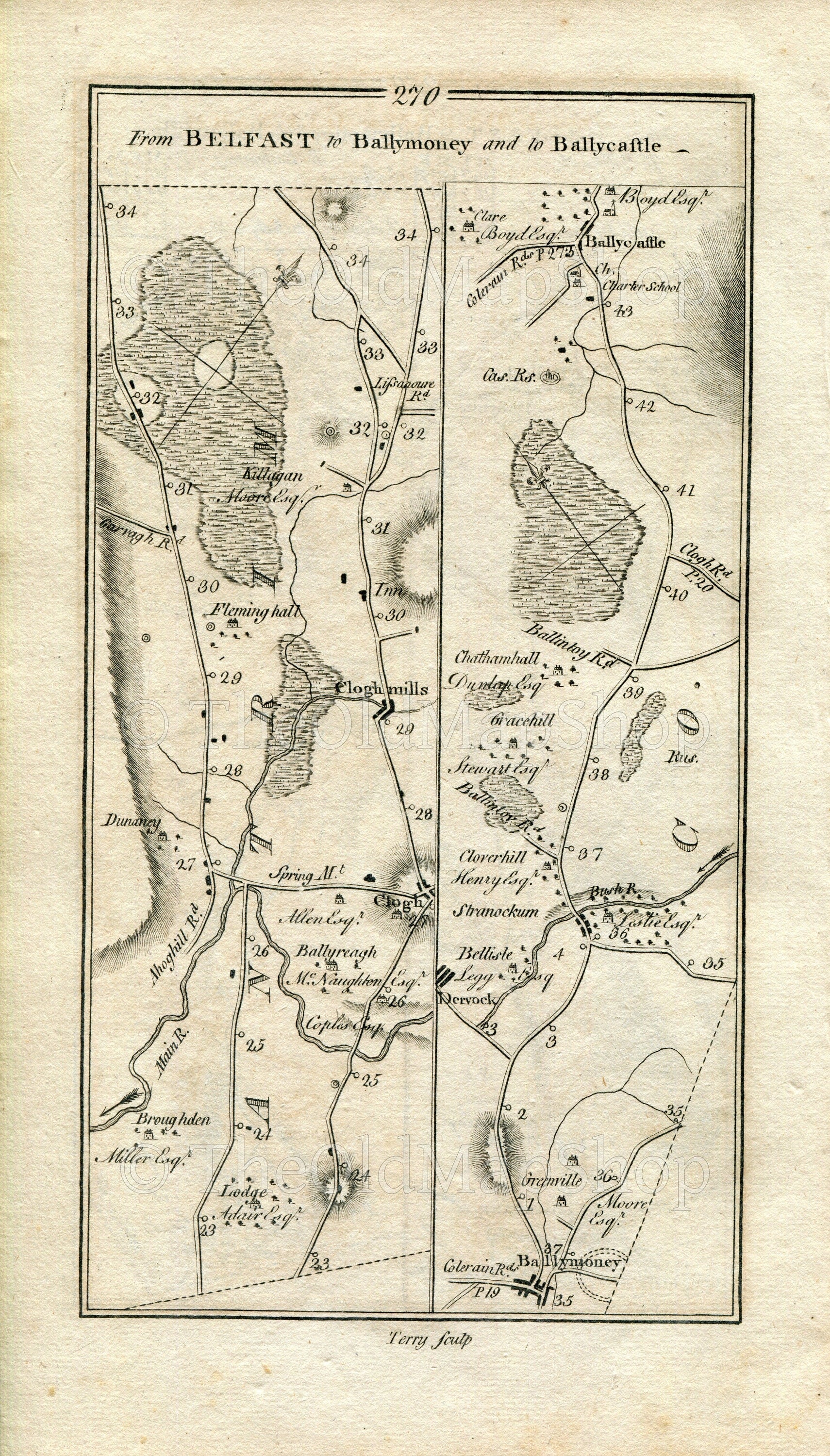 1778 Taylor & Skinner Antique Ireland Map 269/270 Belfast Doagh Ballyclare Kells Ballymena Clough Cloughmills Ballymoney Dervock Ballycastle