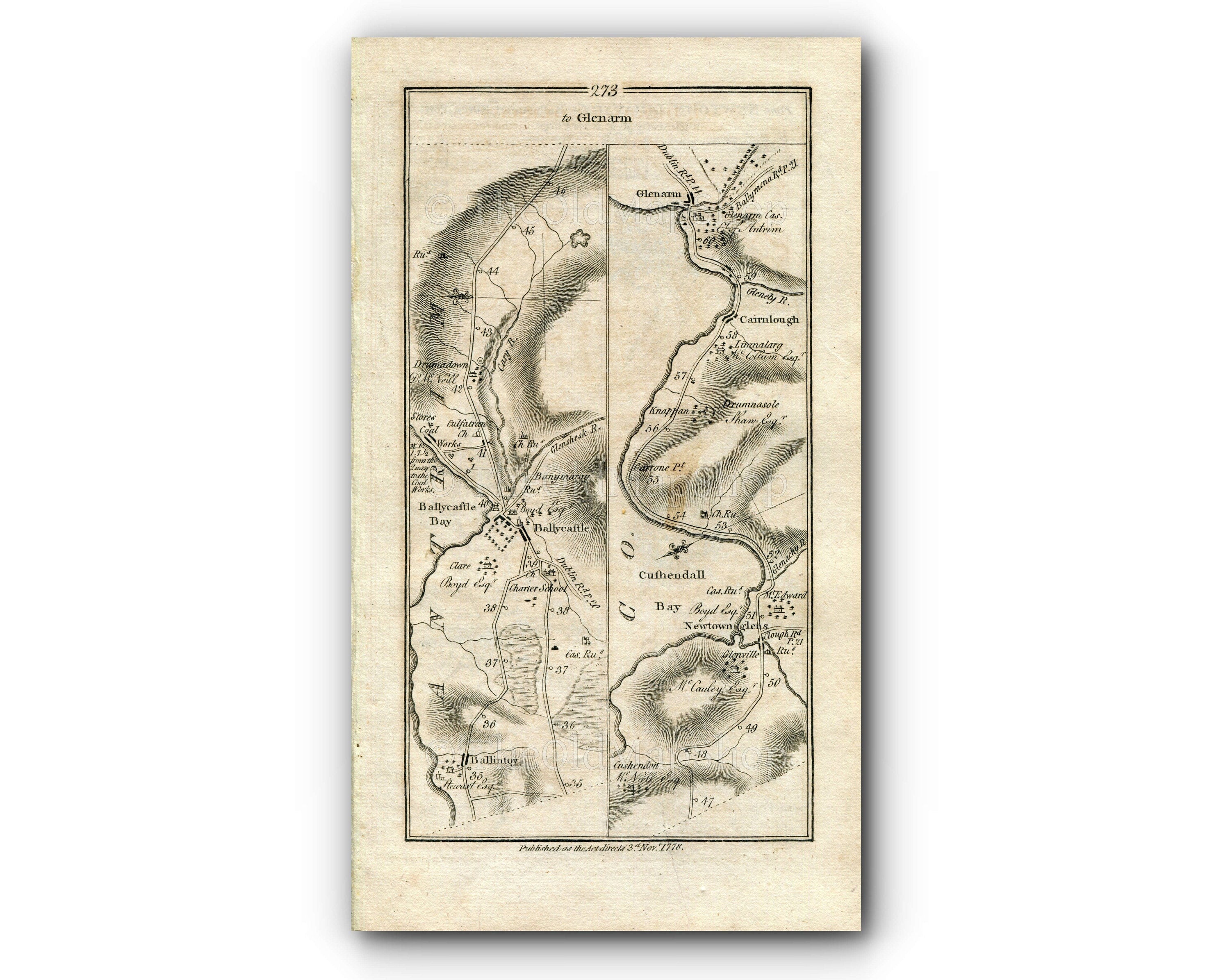 1778 Taylor & Skinner Antique Ireland Map 273/274 Ballintoy Ballycastle Cushendun Cushendall Carnlough Glenarm Limavady Garvagh Ballymoney
