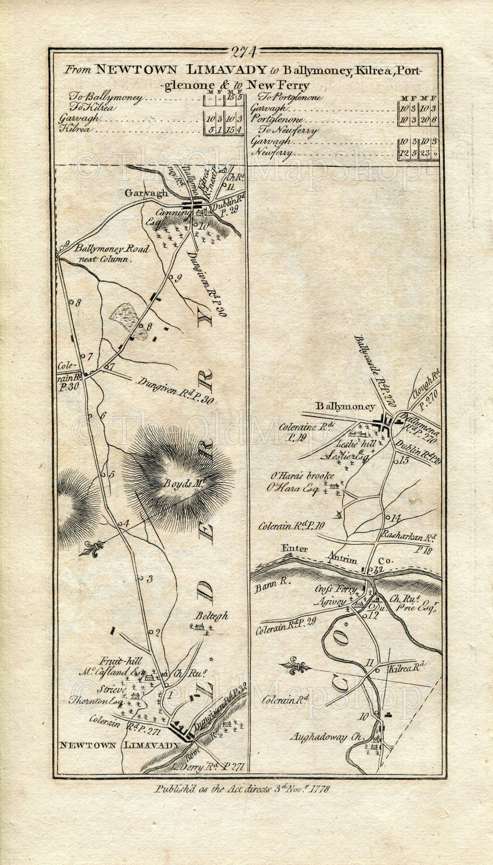 1778 Taylor & Skinner Antique Ireland Map 273/274 Ballintoy Ballycastle Cushendun Cushendall Carnlough Glenarm Limavady Garvagh Ballymoney