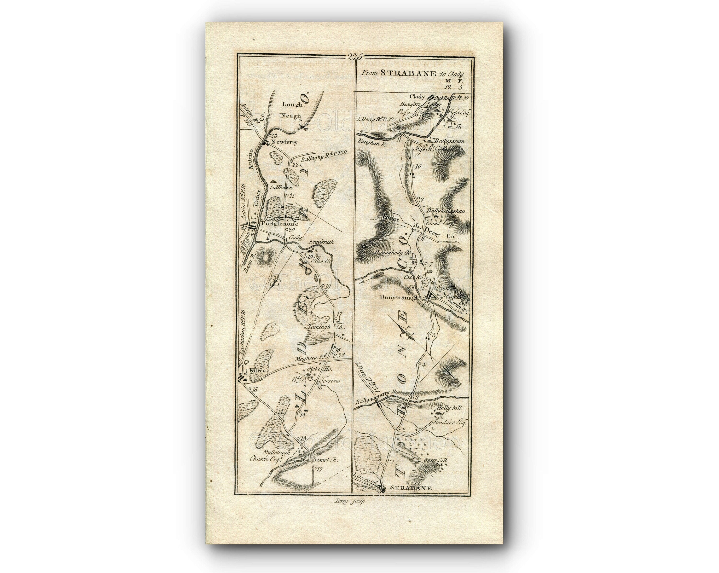 1778 Taylor & Skinner Antique Ireland Rd Map 275/276 Portglenone Newferry Strabane Donemana Claudy Dungannon Aughnacloy Carnteel Ballygawley