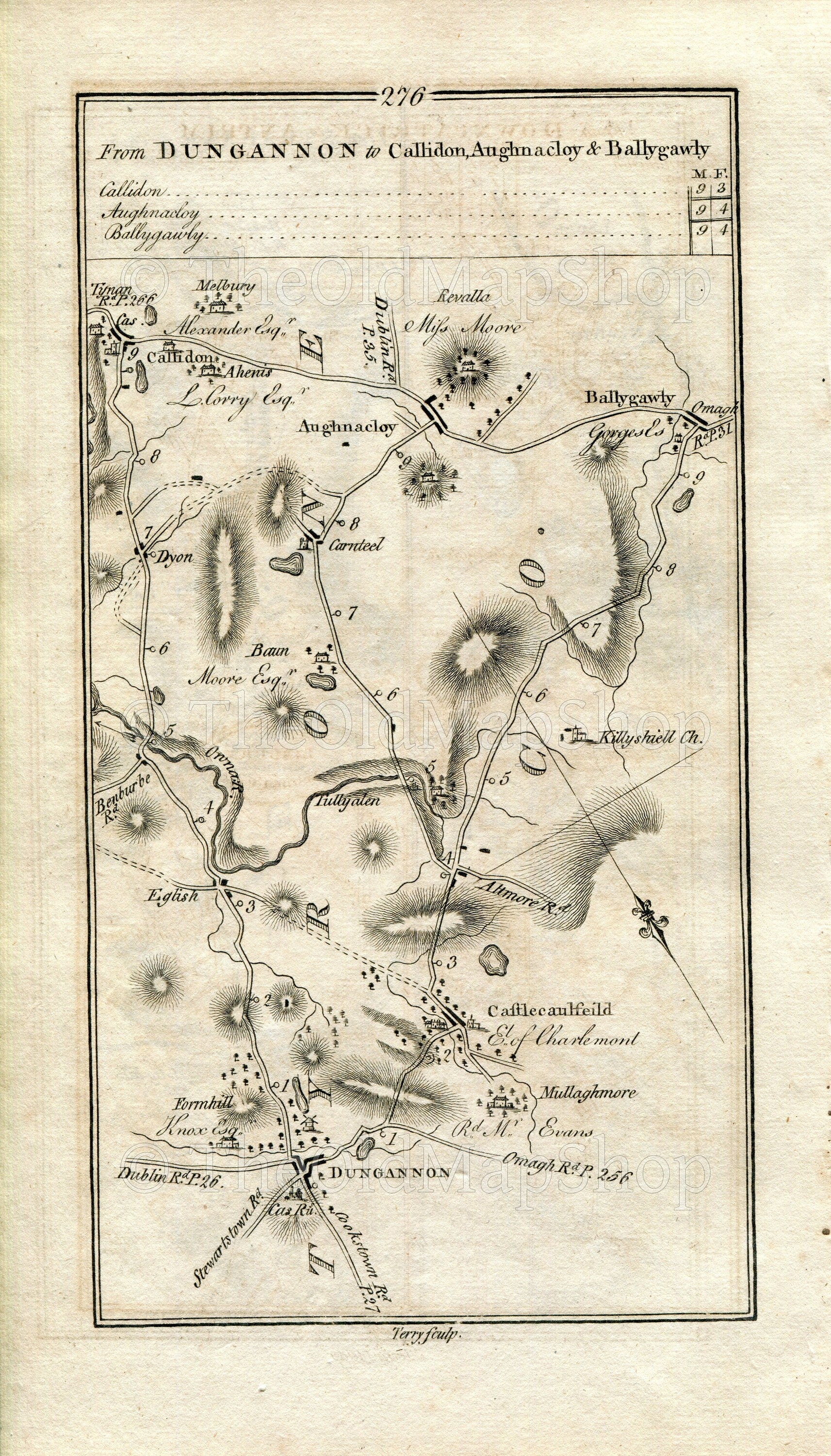 1778 Taylor & Skinner Antique Ireland Rd Map 275/276 Portglenone Newferry Strabane Donemana Claudy Dungannon Aughnacloy Carnteel Ballygawley
