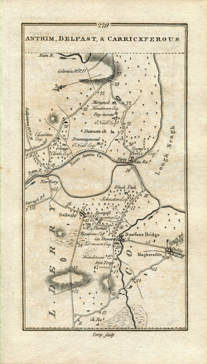 1778 Taylor & Skinner Antique Ireland Map 279/280 Magherafelt Castledawson Toomebridge Toome Randalstown Antrim Templepatrick Belfast Comber