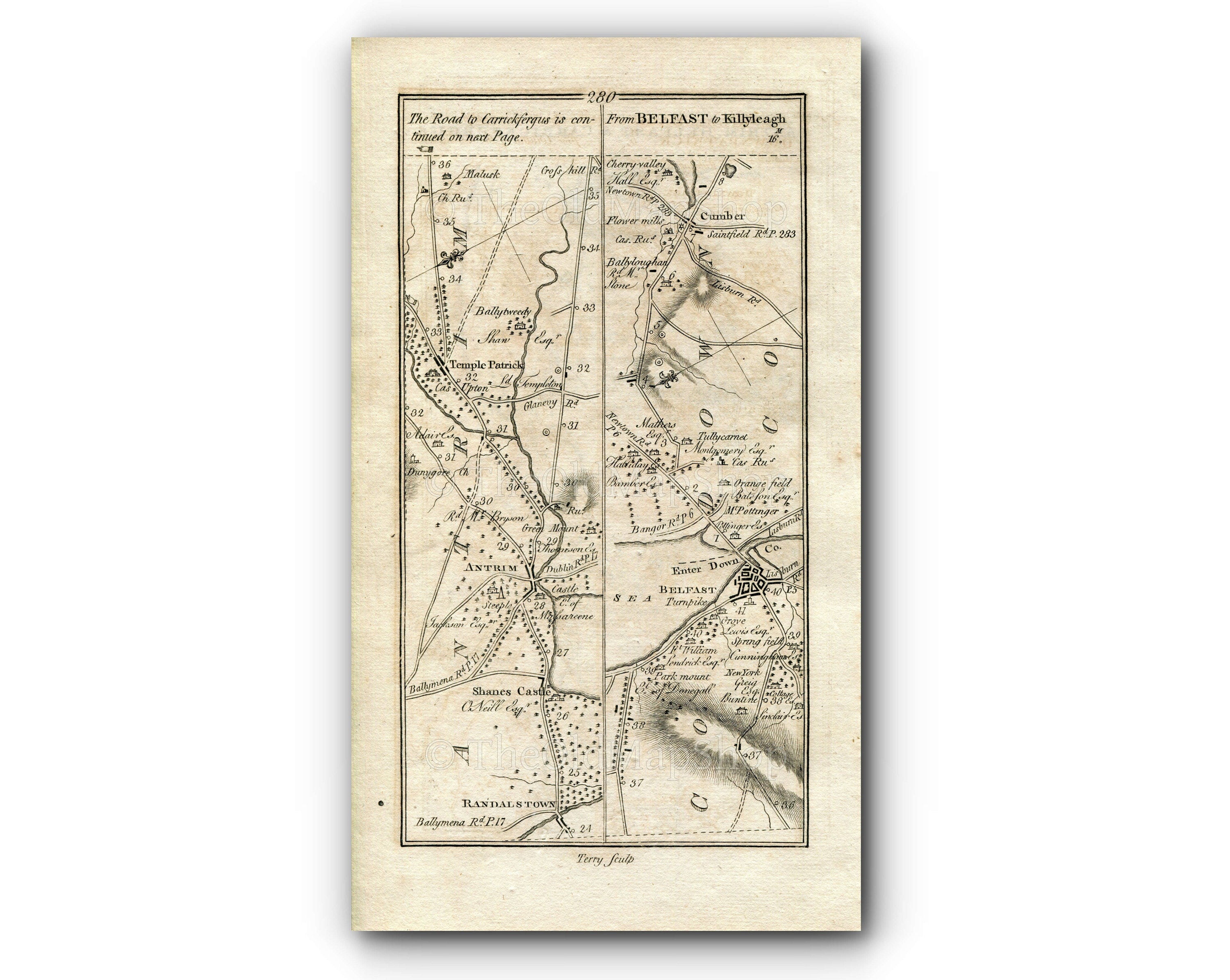 1778 Taylor & Skinner Antique Ireland Map 279/280 Magherafelt Castledawson Toomebridge Toome Randalstown Antrim Templepatrick Belfast Comber