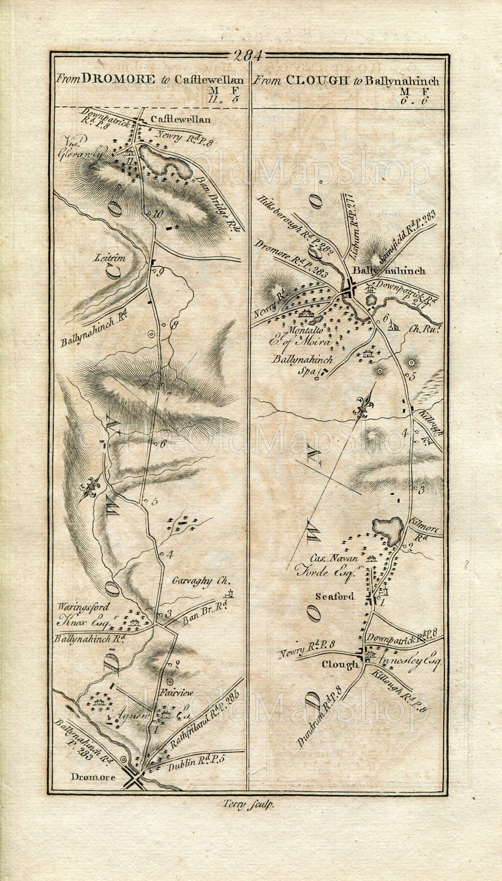 1778 Taylor Skinner Antique Ireland Map 283/284 Dromore Ballynahinch Saintfield Comber Newtownards Castlewellan Clough Seaforde Ballynahinch