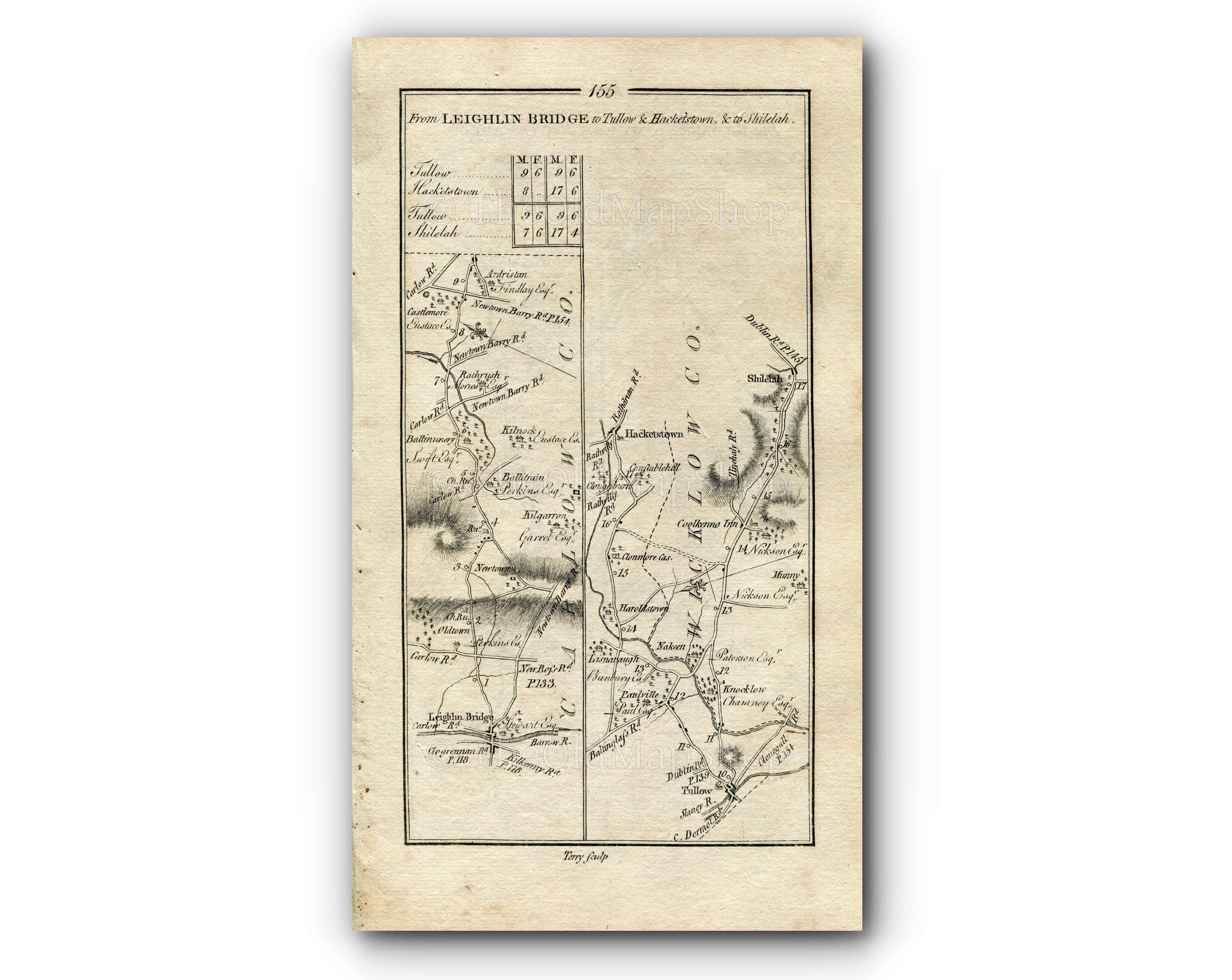 1778 Taylor & Skinner Antique Ireland Map 155/156 Leighlinbridge Tullow Hacketstown Shillelagh Kildare Nurney Kilmead Athy Bestfield Carlow