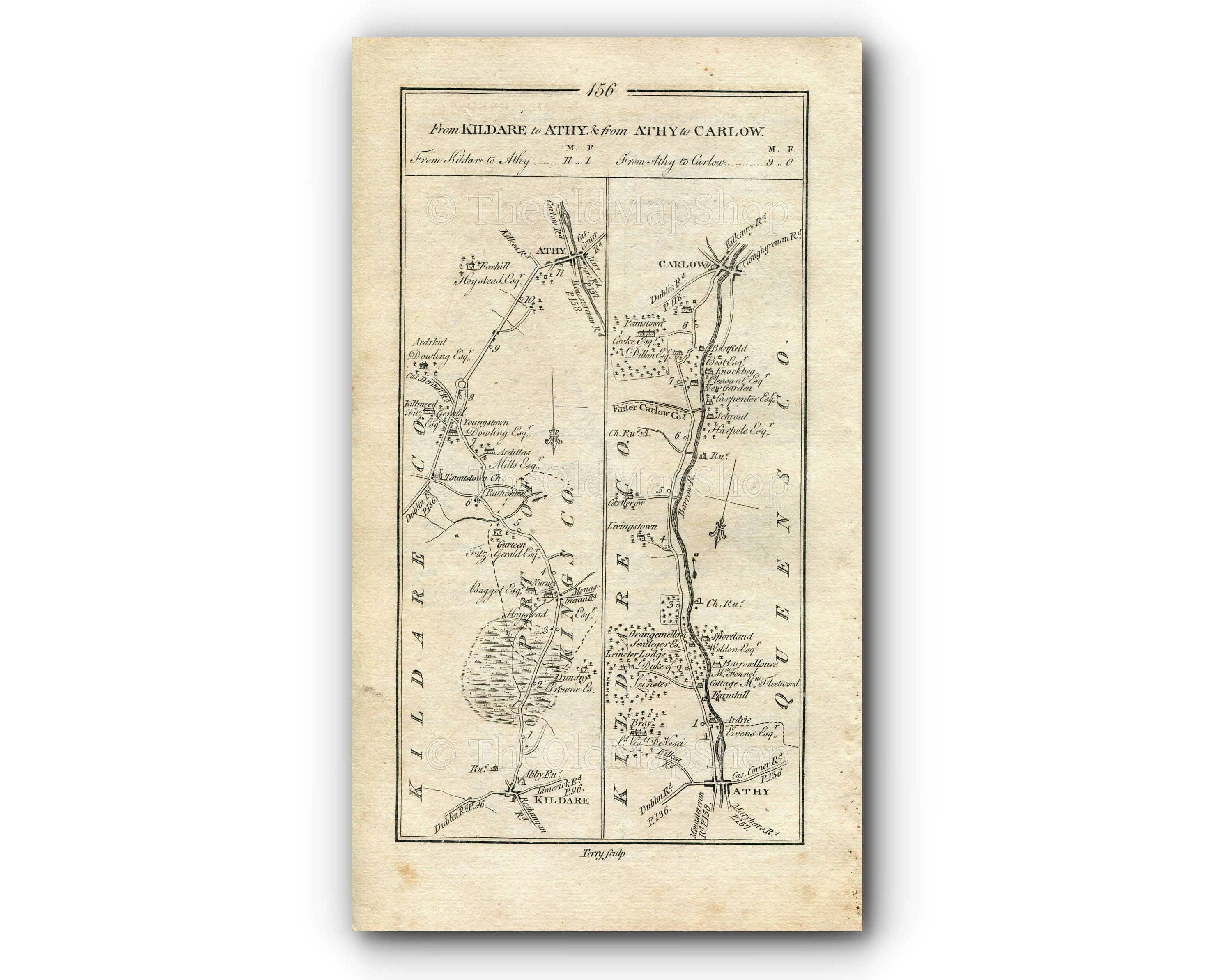 1778 Taylor & Skinner Antique Ireland Map 155/156 Leighlinbridge Tullow Hacketstown Shillelagh Kildare Nurney Kilmead Athy Bestfield Carlow