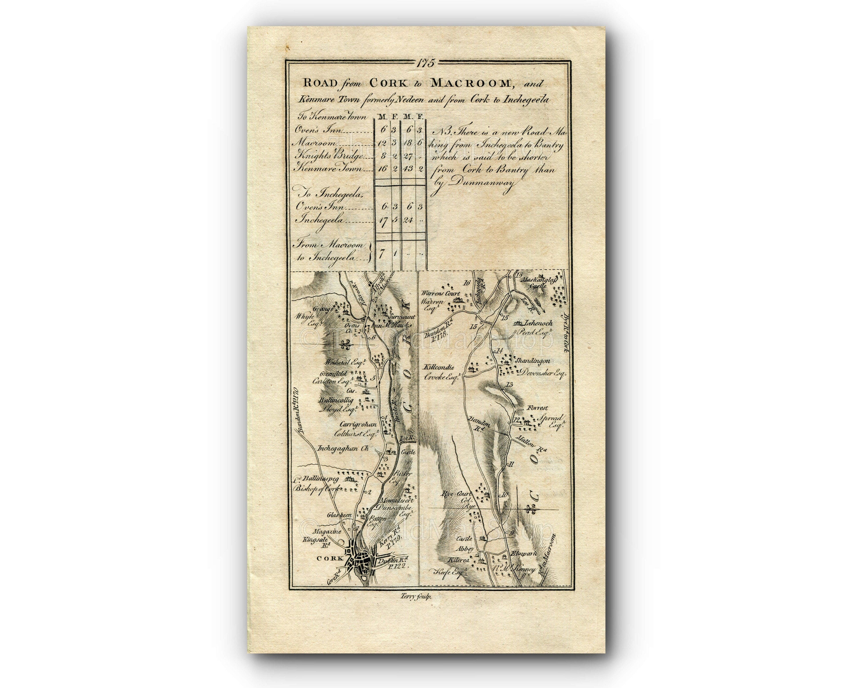1778 Taylor & Skinner Antique Ireland Road Map 175/176 Cork, Carrigrohane, Warrenscourt, Coolcower, Macroom, Inchigeelagh, Ballyvourney