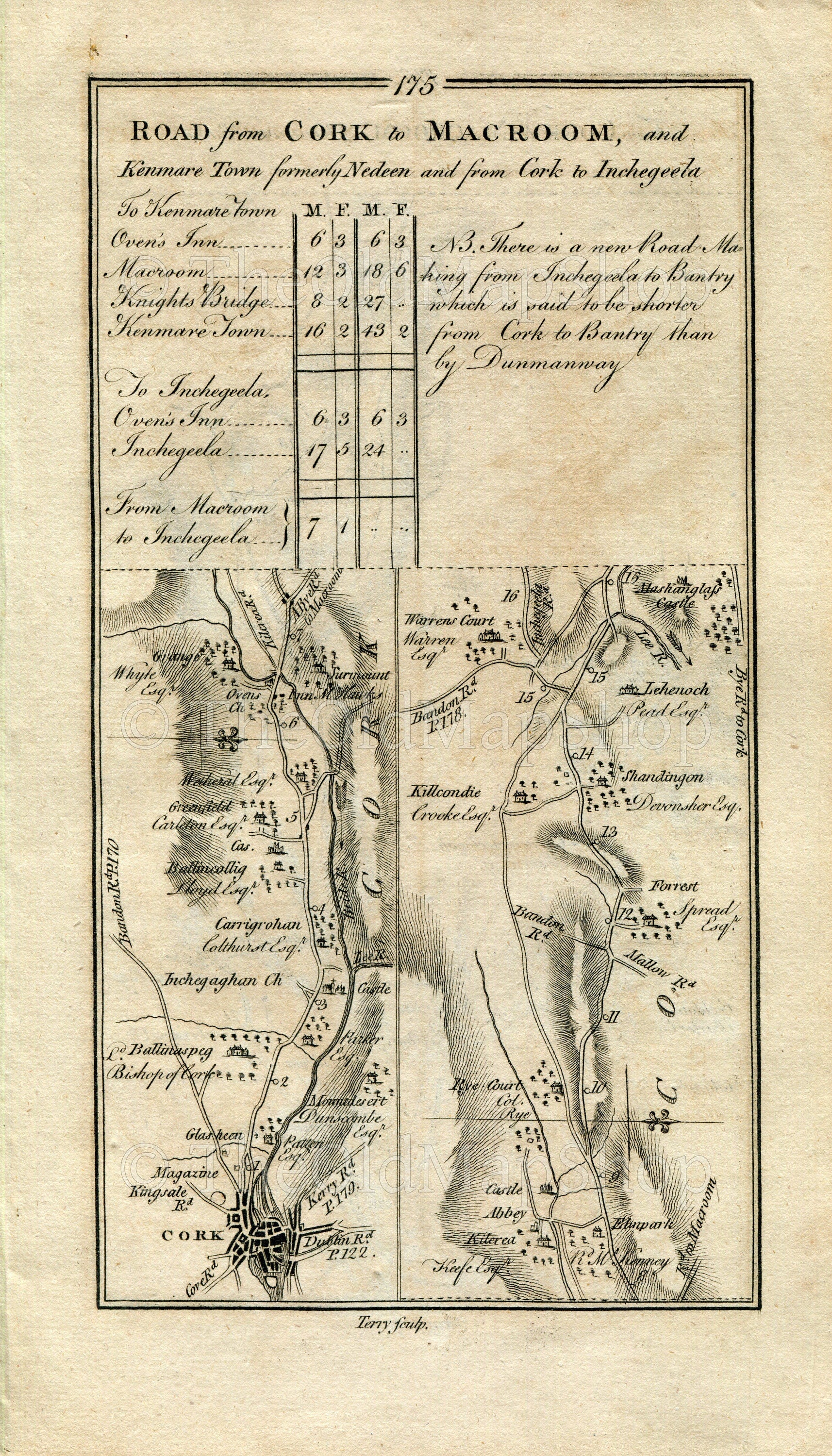 1778 Taylor & Skinner Antique Ireland Road Map 175/176 Cork, Carrigrohane, Warrenscourt, Coolcower, Macroom, Inchigeelagh, Ballyvourney